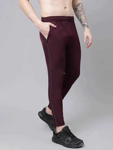 Dpassion Men Maroon Slim Fit Track Pants Stripe Gym Activewear