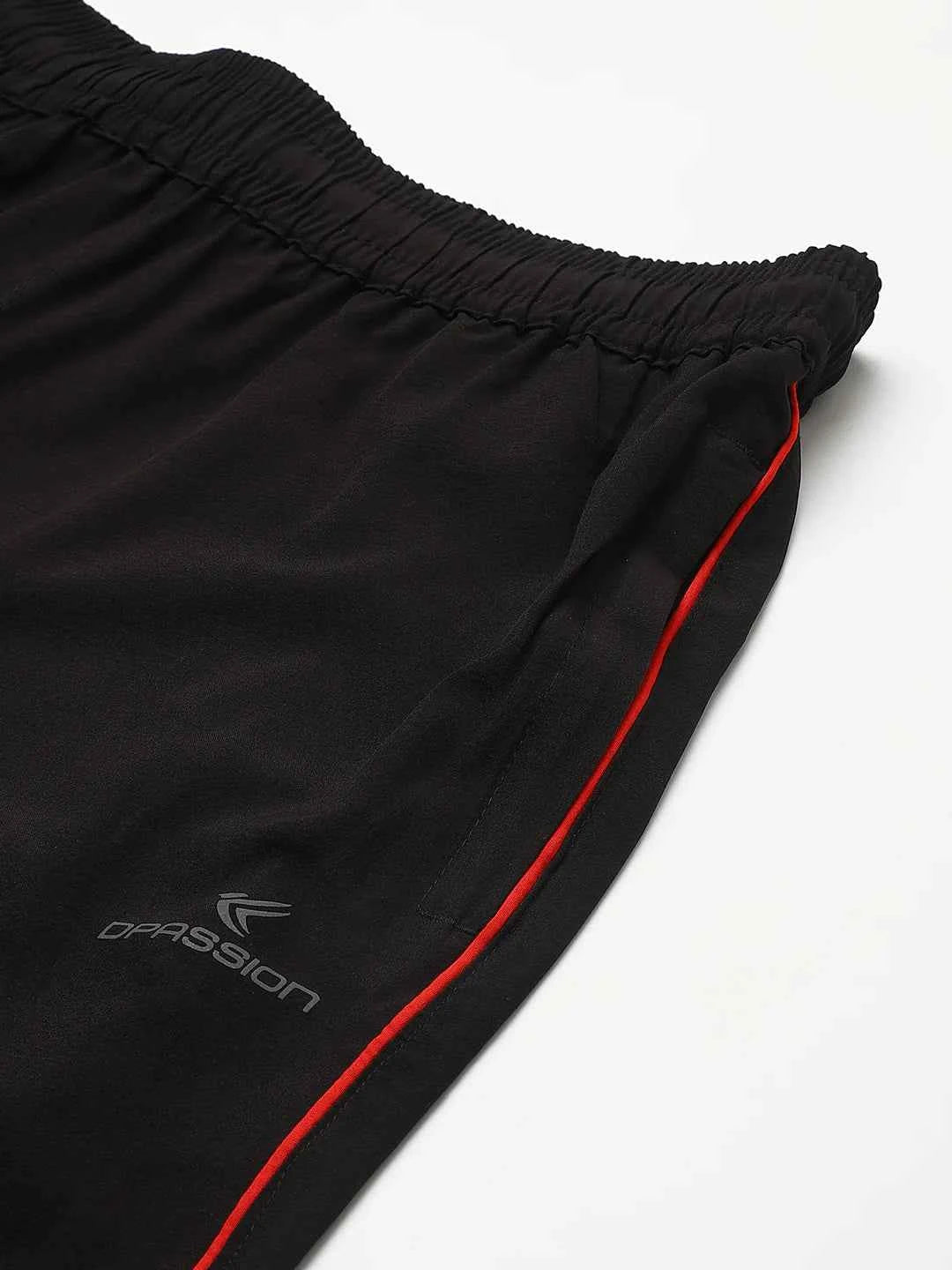 Dpassion Men Black Slim Fit Track Pants with Red Stripe Gym Activewear