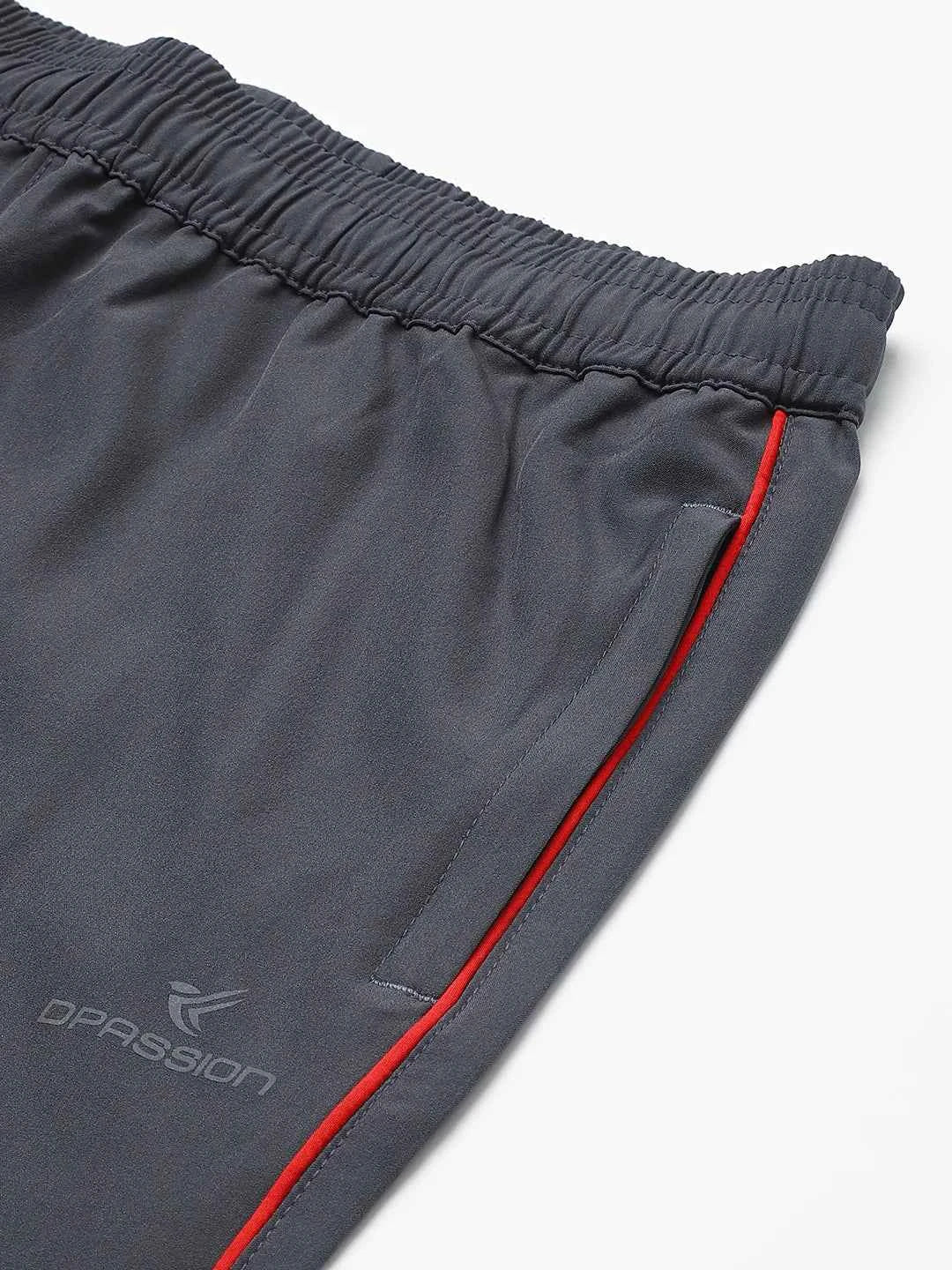 Dpassion Men Grey Slim Fit Track Pants with Red Stripe Gym Wear
