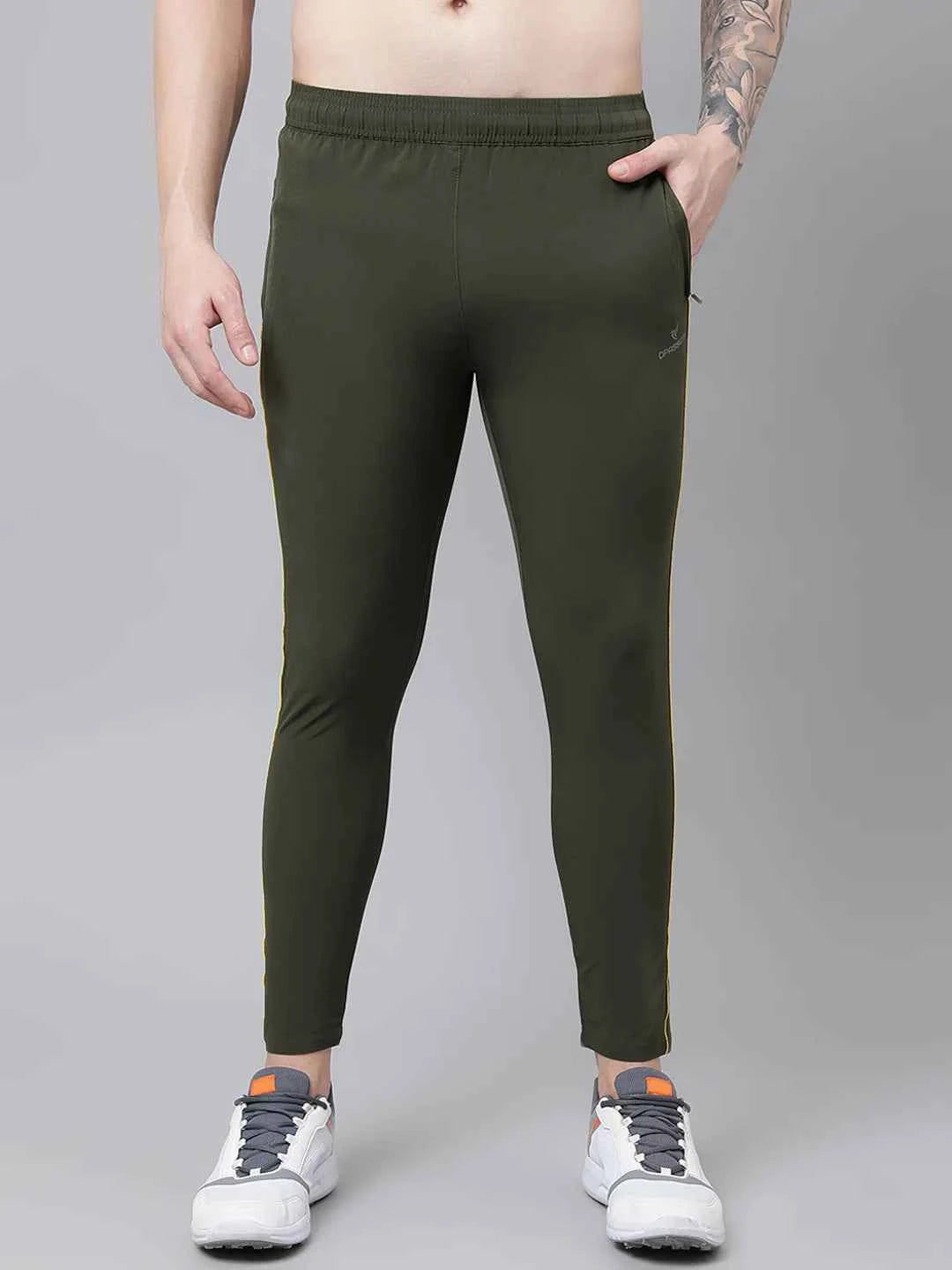 Dpassion Men Olive Compression Track Pants Slim Fit Stretch Gym Activewear