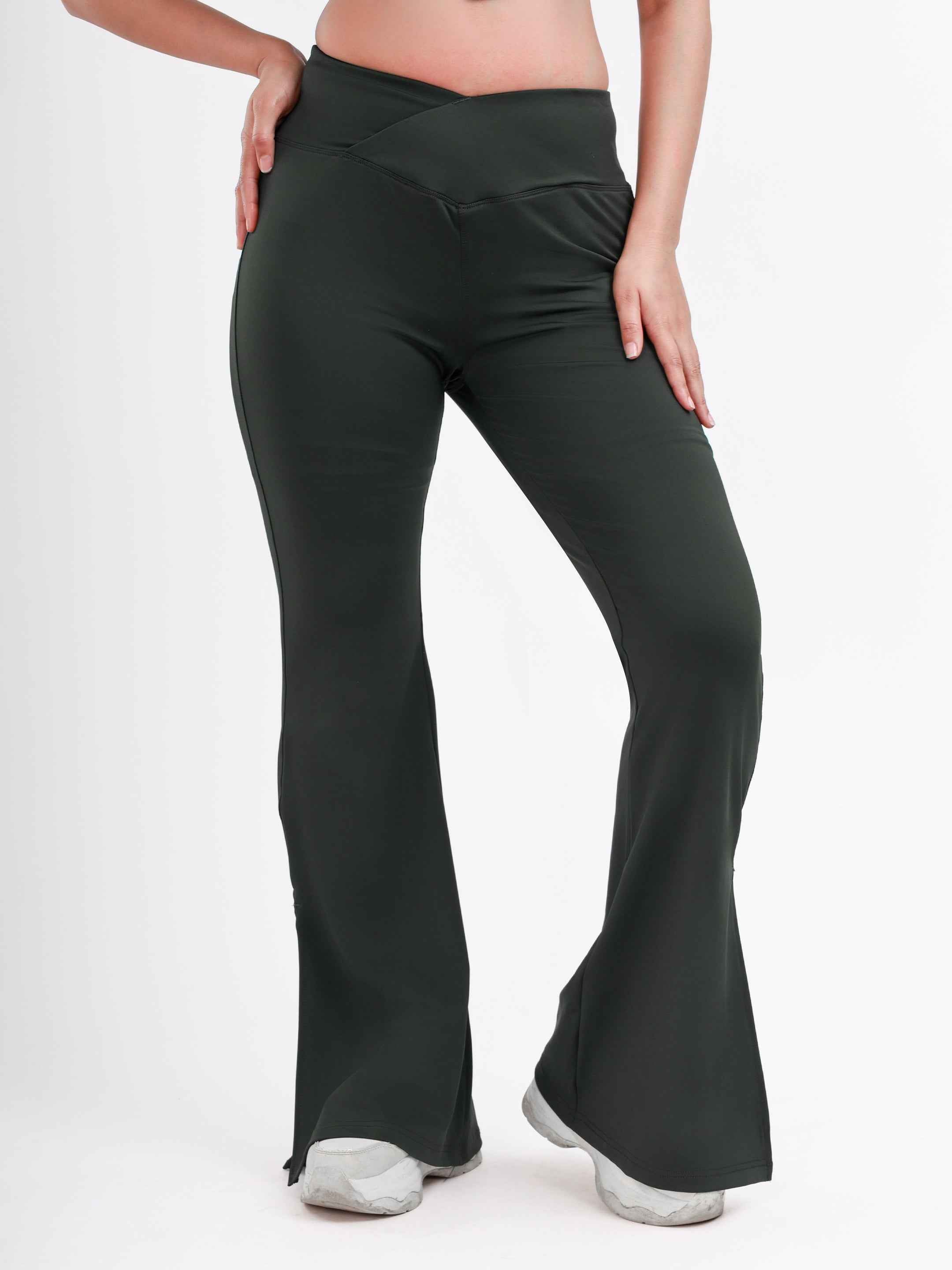 Dpassion Olive Green Cross Waist Flare Pants Sculpt Fit Activewear