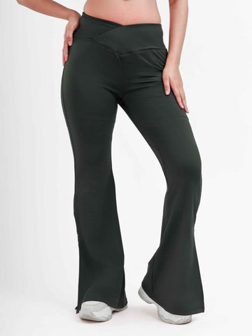 Dpassion Olive Green Cross Waist Flare Pants Sculpt Fit Activewear