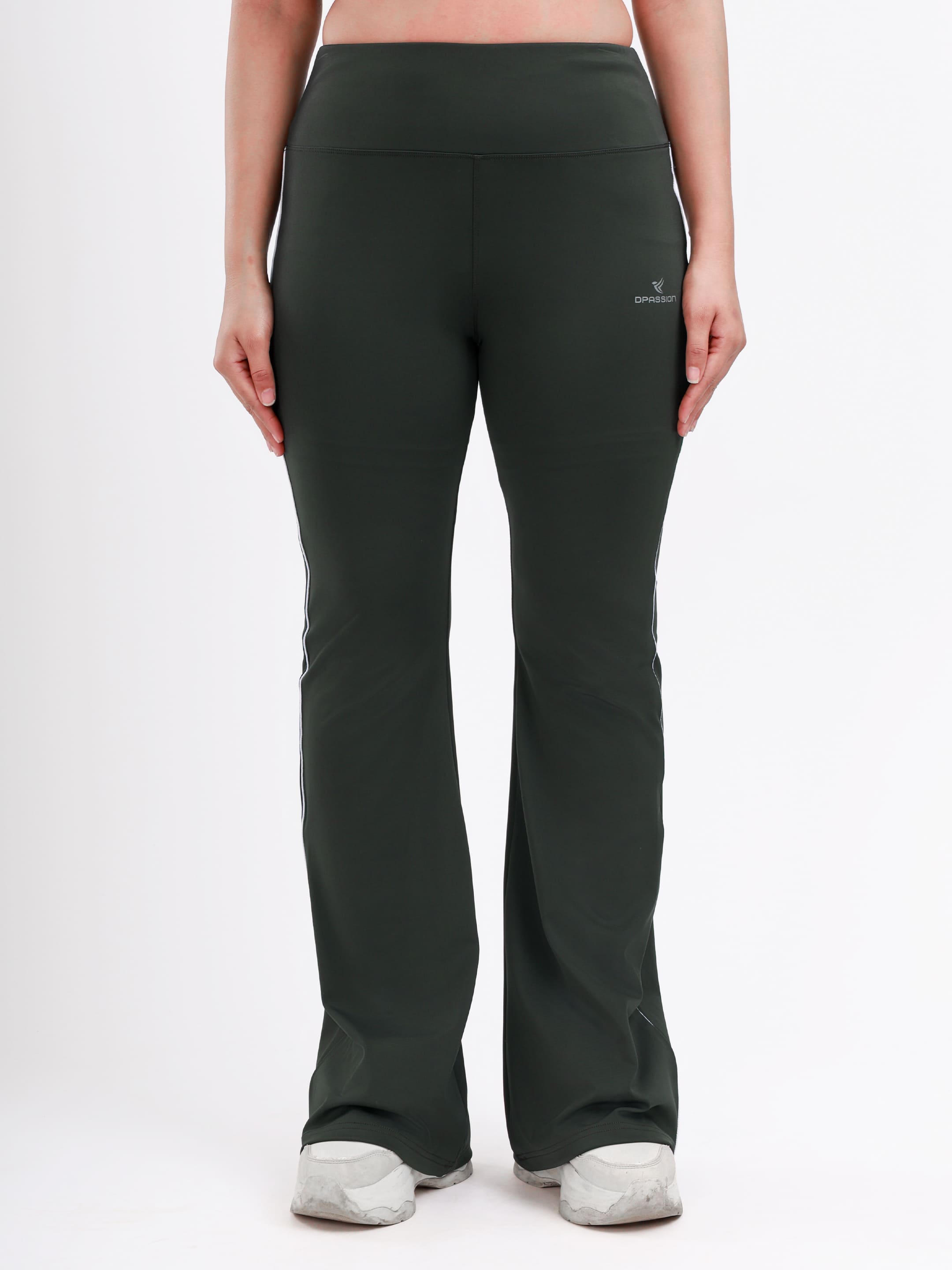 Dpassion Women’s Forest Green Flared Performance Leggings with Contrast Piping - Dpassion