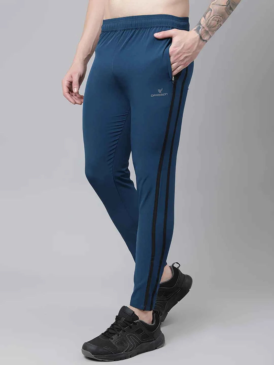 Dpassion Men Slim Fit Teal Track Pants with Dual Stripe for Gym and Activewear