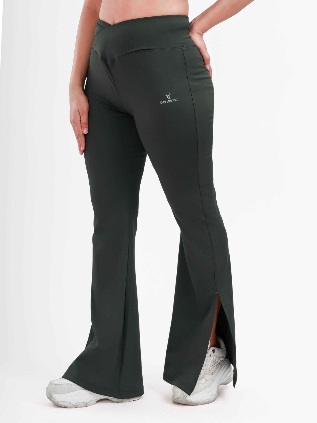 Dpassion Olive Green Cross Waist Flare Pants Sculpt Fit Activewear