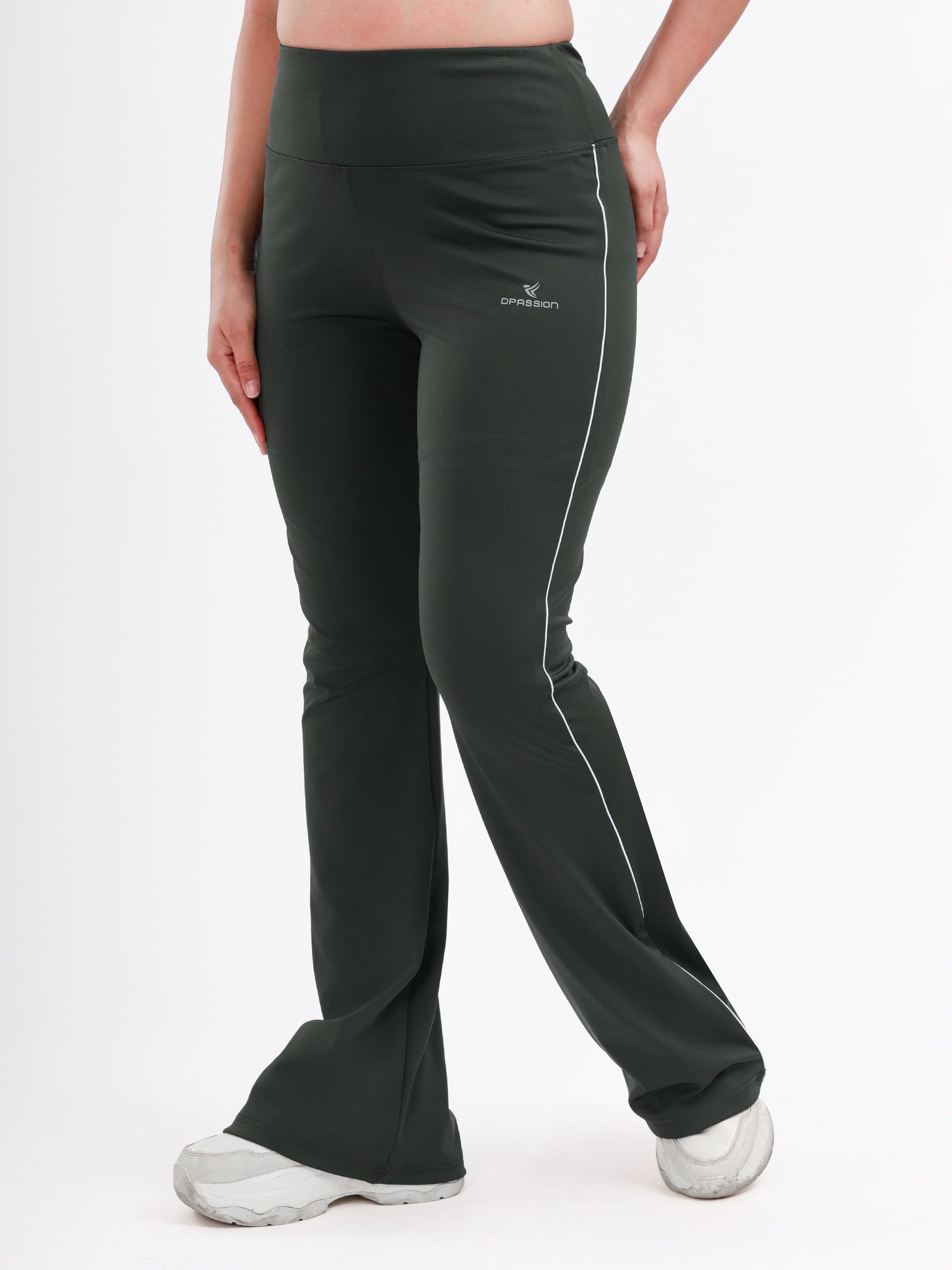Dpassion Women’s Forest Green Flared Performance Leggings with Contrast Piping - Dpassion