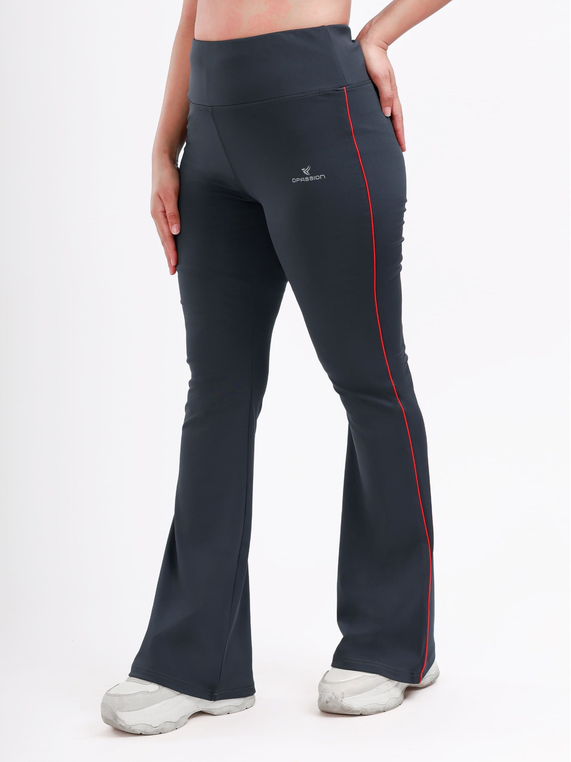 Dpassion Women’s Charcoal Grey Flared Performance Leggings with Red Piping - Dpassion