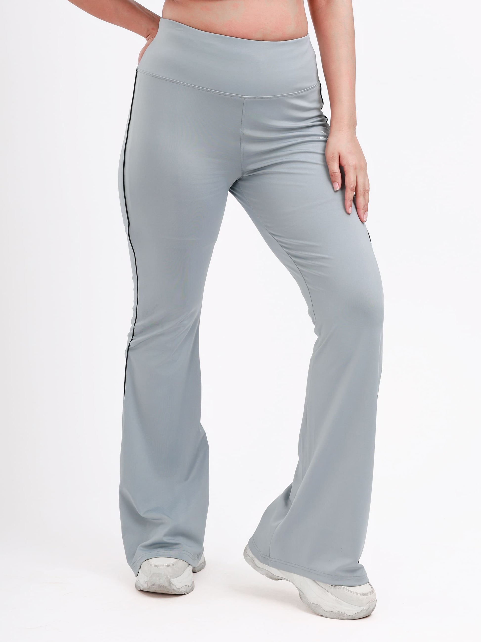 Dpassion Women’s Ice Grey Flared Performance Leggings with Contrast Piping - Dpassion