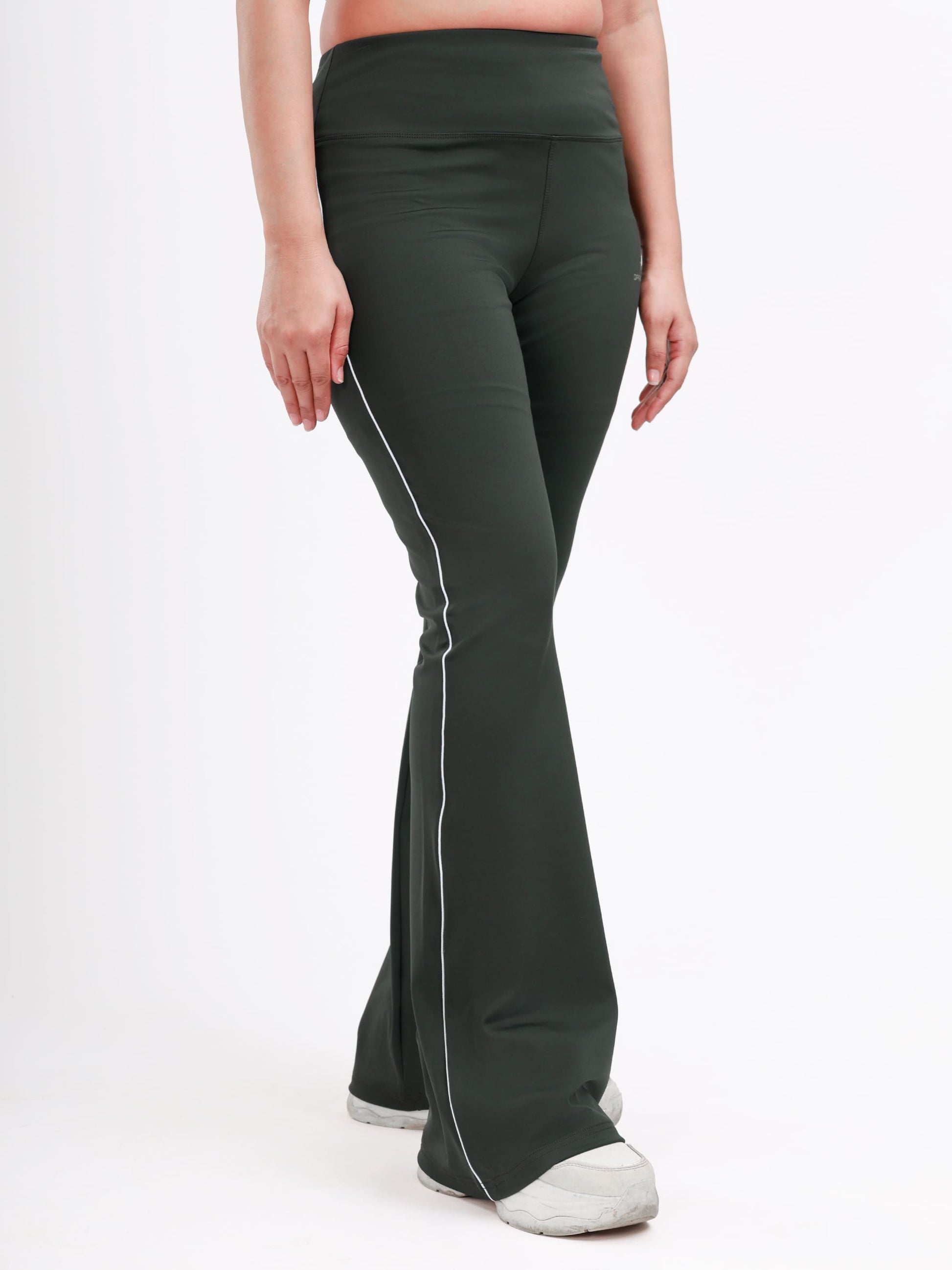 Dpassion Women’s Forest Green Flared Performance Leggings with Contrast Piping - Dpassion