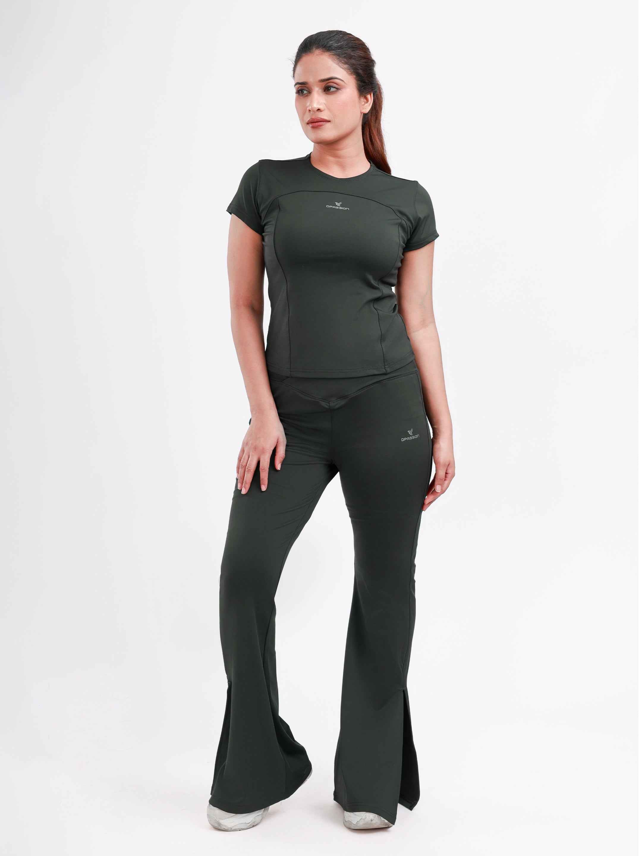 Dpassion Women SculptFit Flared Activewear Set Olive Performance Gym Wear
