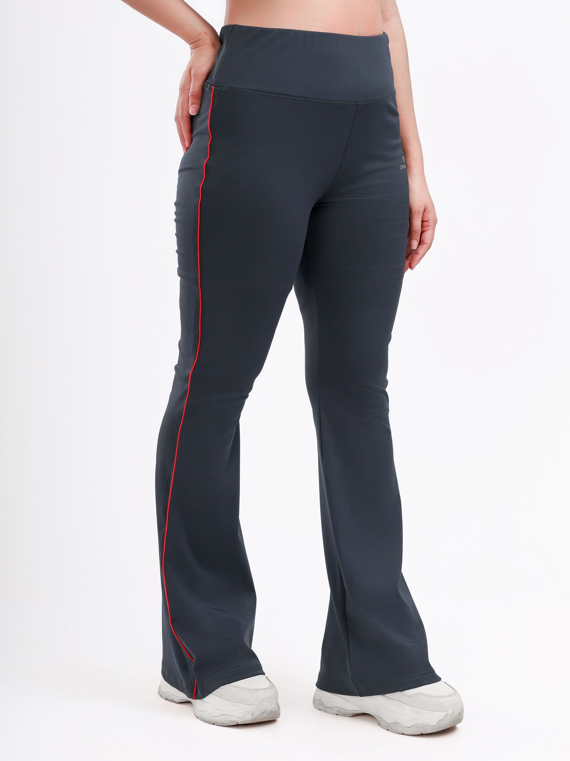Dpassion Women’s Charcoal Grey Flared Performance Leggings with Red Piping - Dpassion