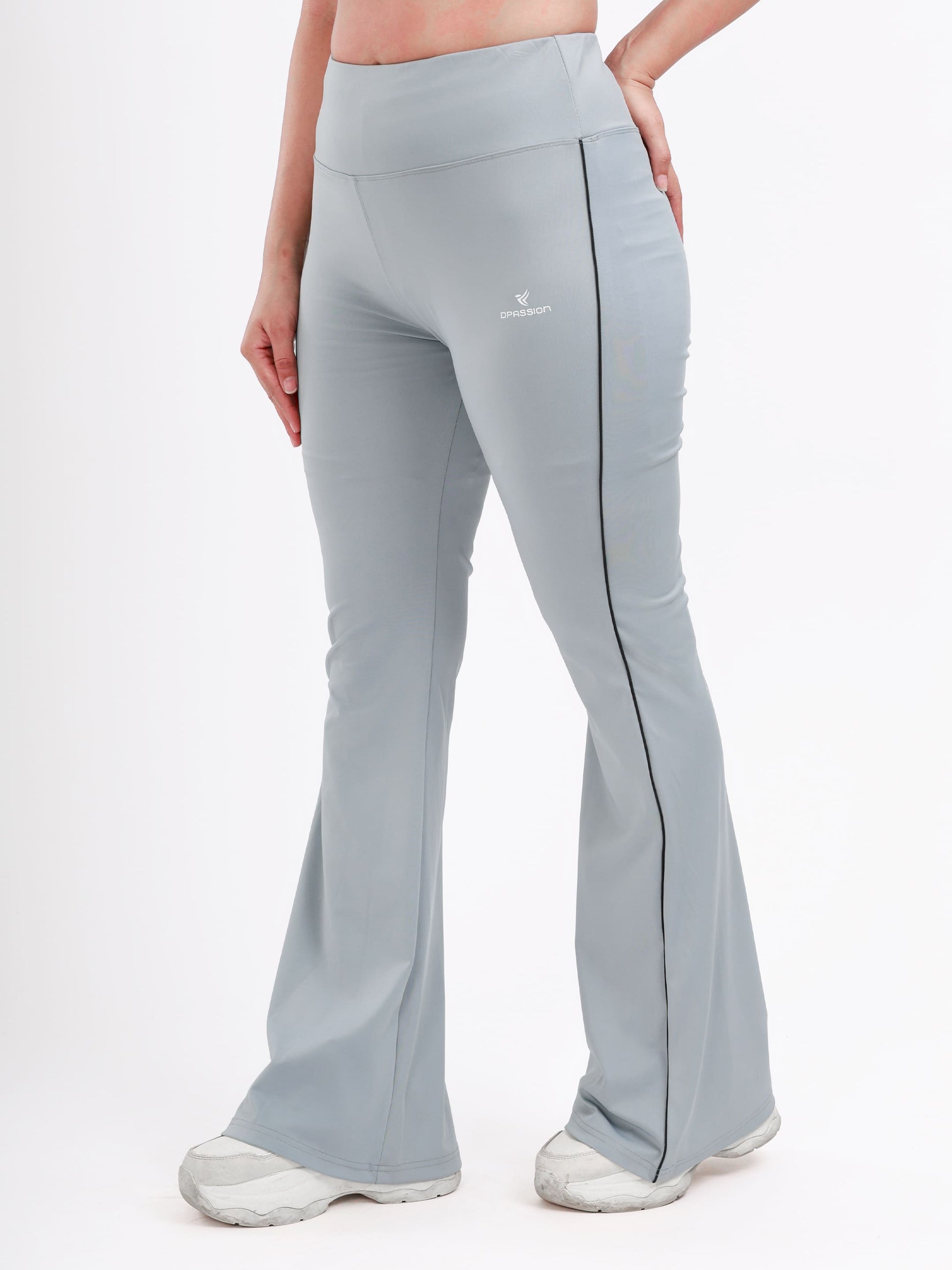 Dpassion Women’s Ice Grey Flared Performance Leggings with Contrast Piping - Dpassion