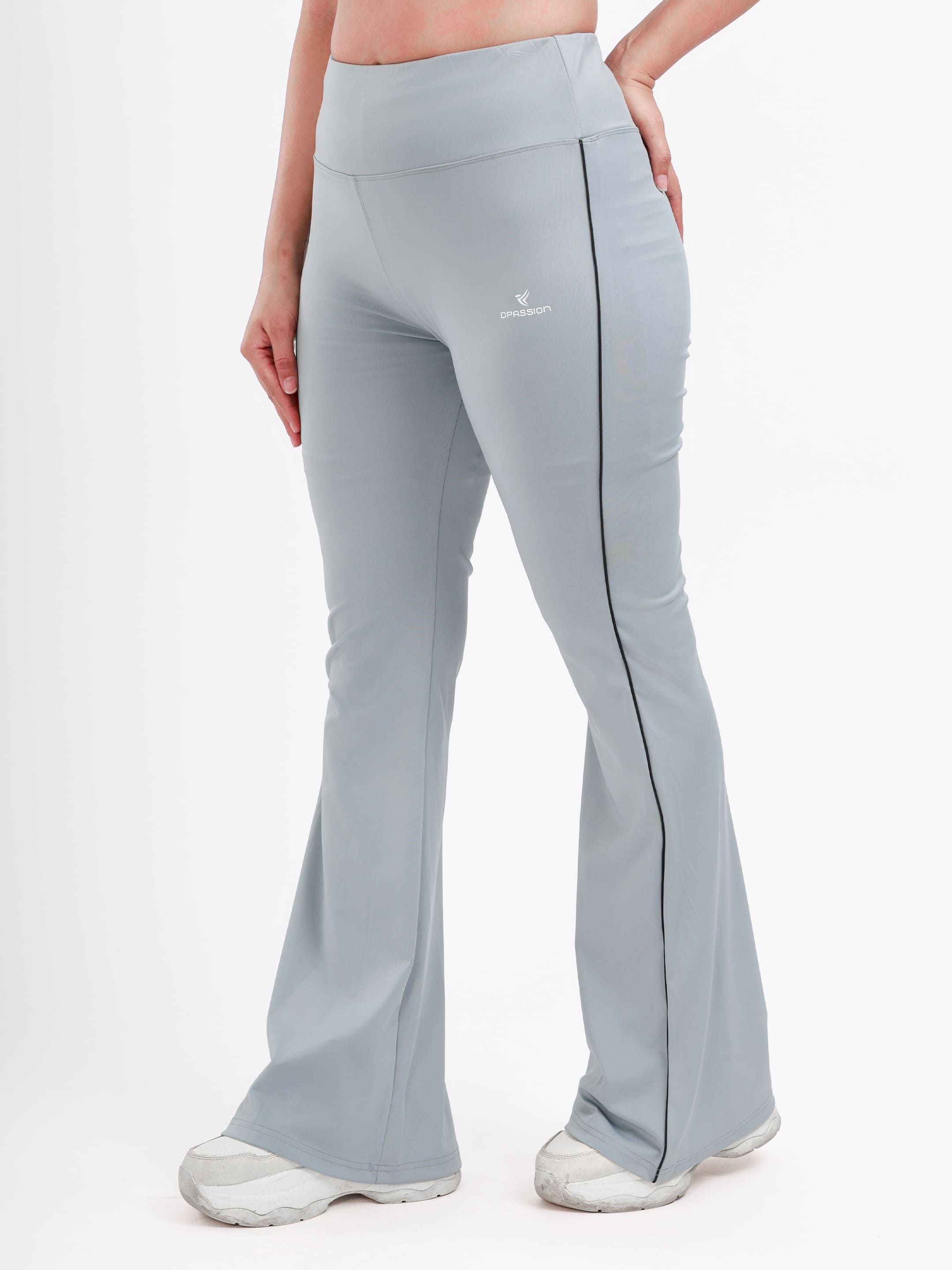 Dpassion Women’s Ice Grey Flared Performance Leggings with Contrast Piping - Dpassion