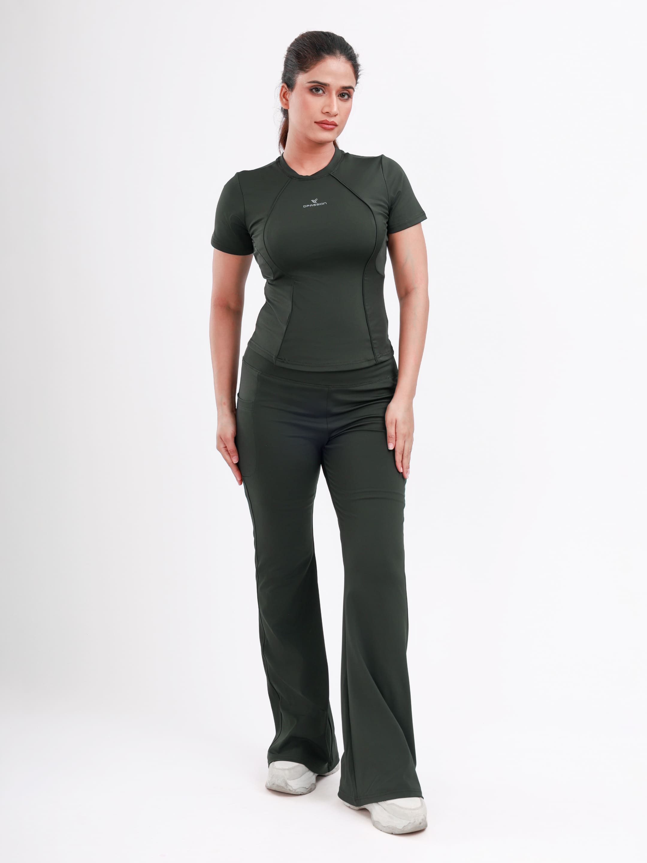 Dpassion Women’s Forest Green Flared Performance Leggings with Contrast Piping - Dpassion