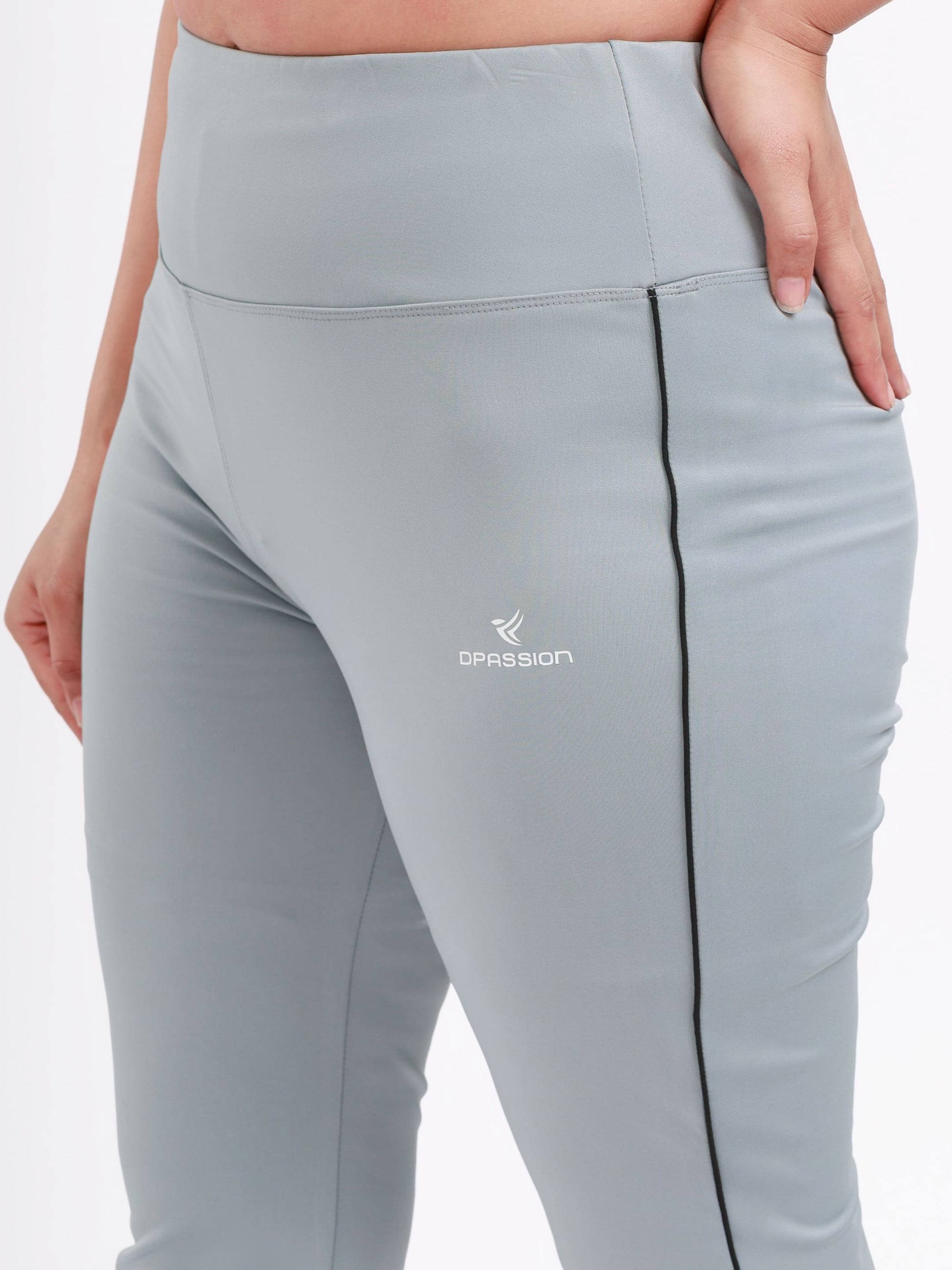 Dpassion Women’s Ice Grey Flared Performance Leggings with Contrast Piping
