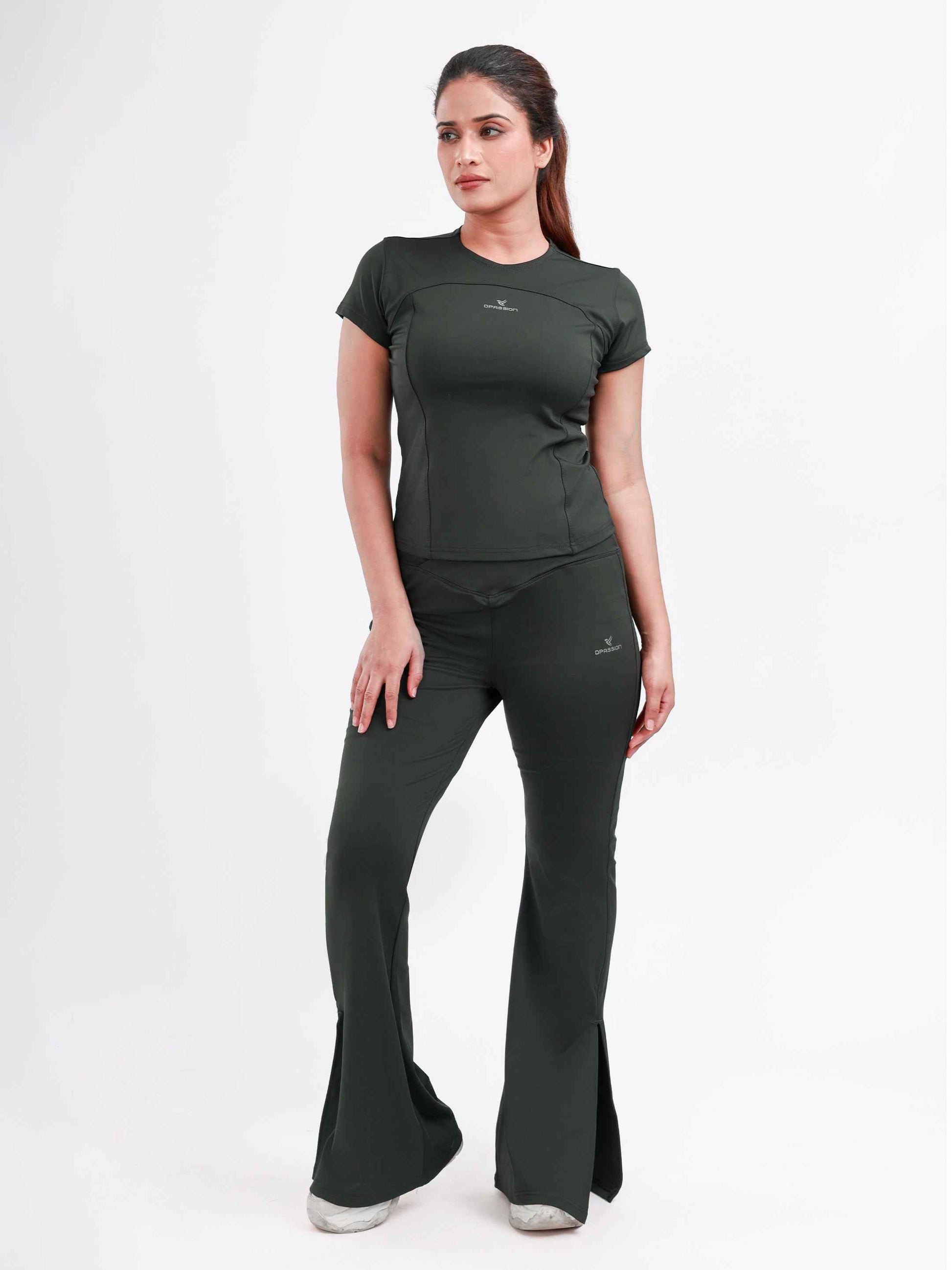 Dpassion Olive Green Cross Waist Flare Pants Sculpt Fit Activewear