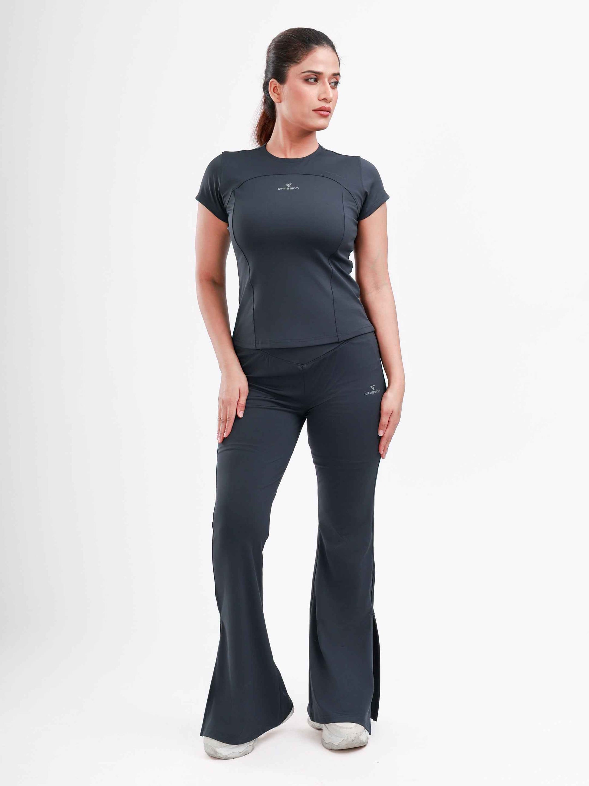 Dpassion Steel Grey Cross Waist Flare Pants Sculpt Fit Activewear