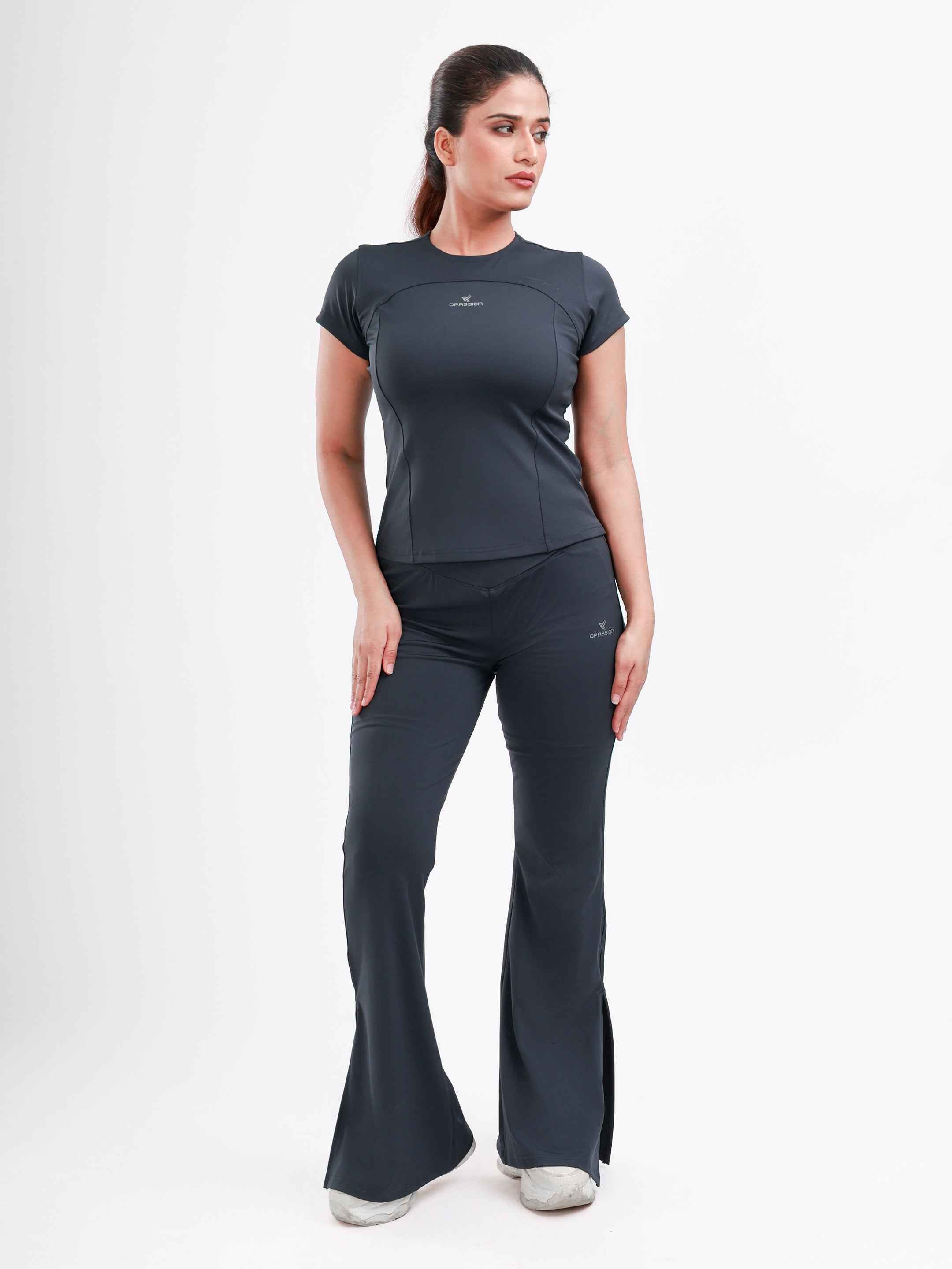 Dpassion Steel Grey Cross Waist Flare Pants Sculpt Fit Activewear