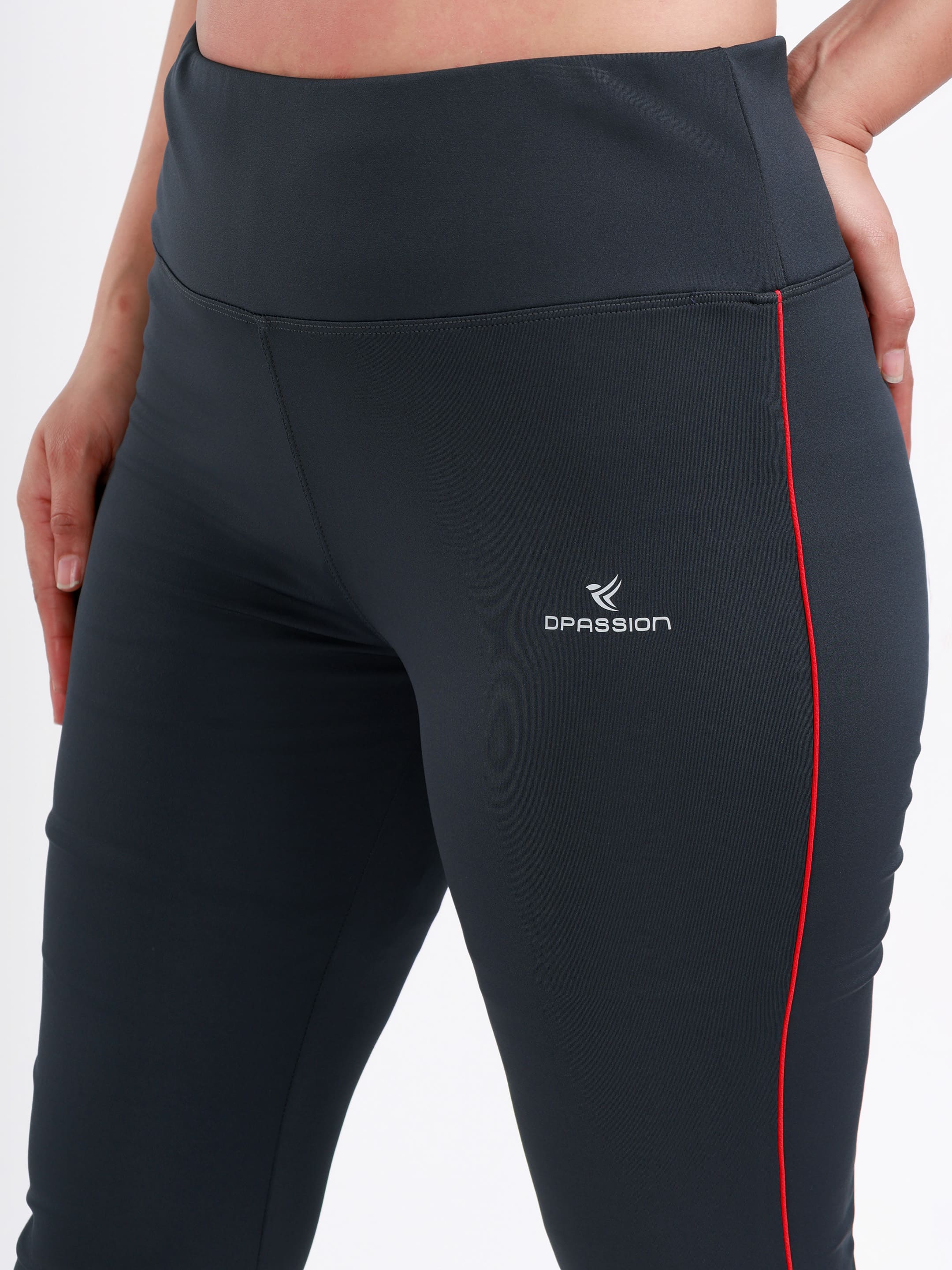 Dpassion Women’s Charcoal Grey Flared Performance Leggings with Red Piping