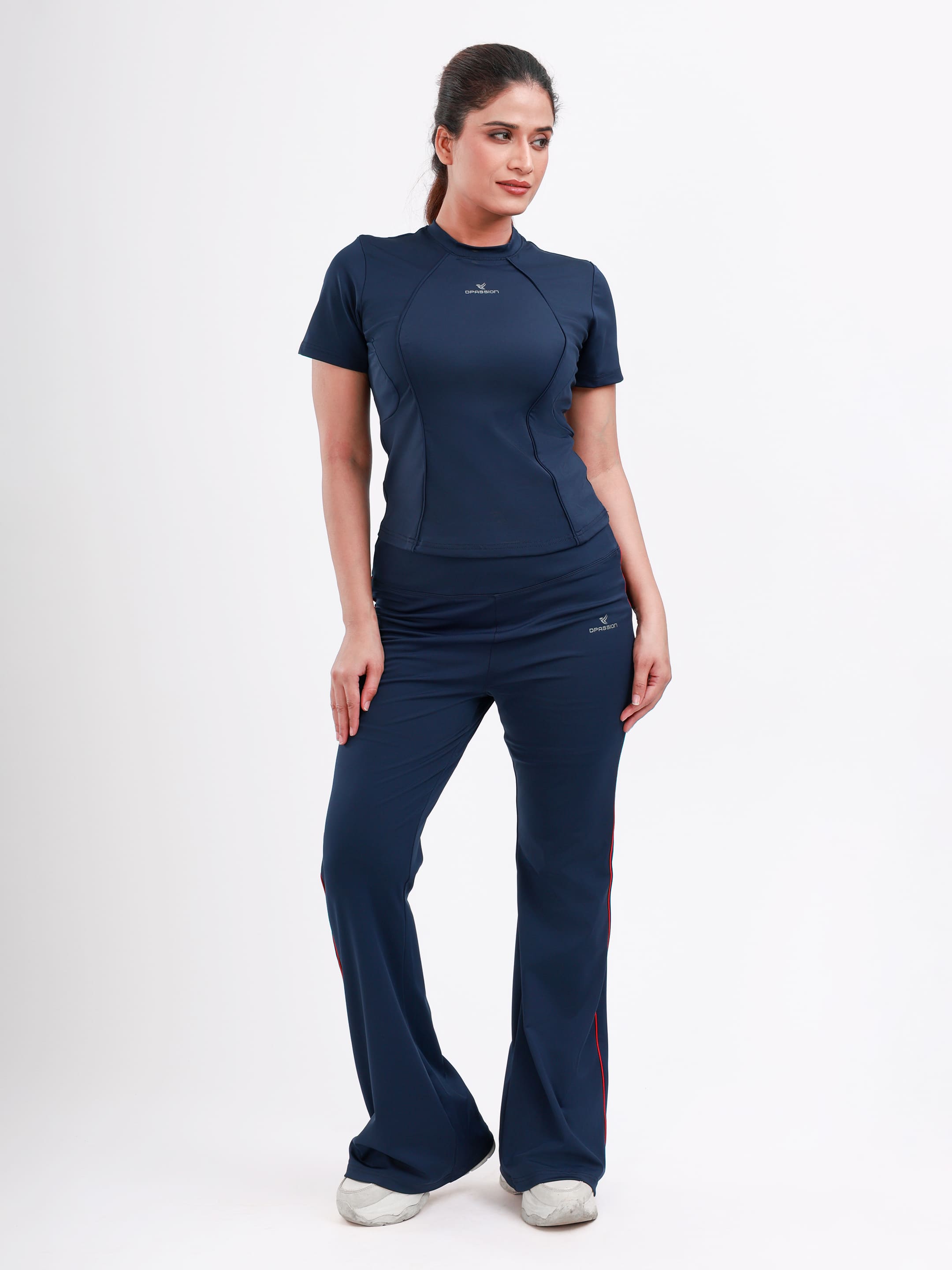 Dpassion Women’s Flared Performance Leggings Navy with Contrast Stripe - Dpassion