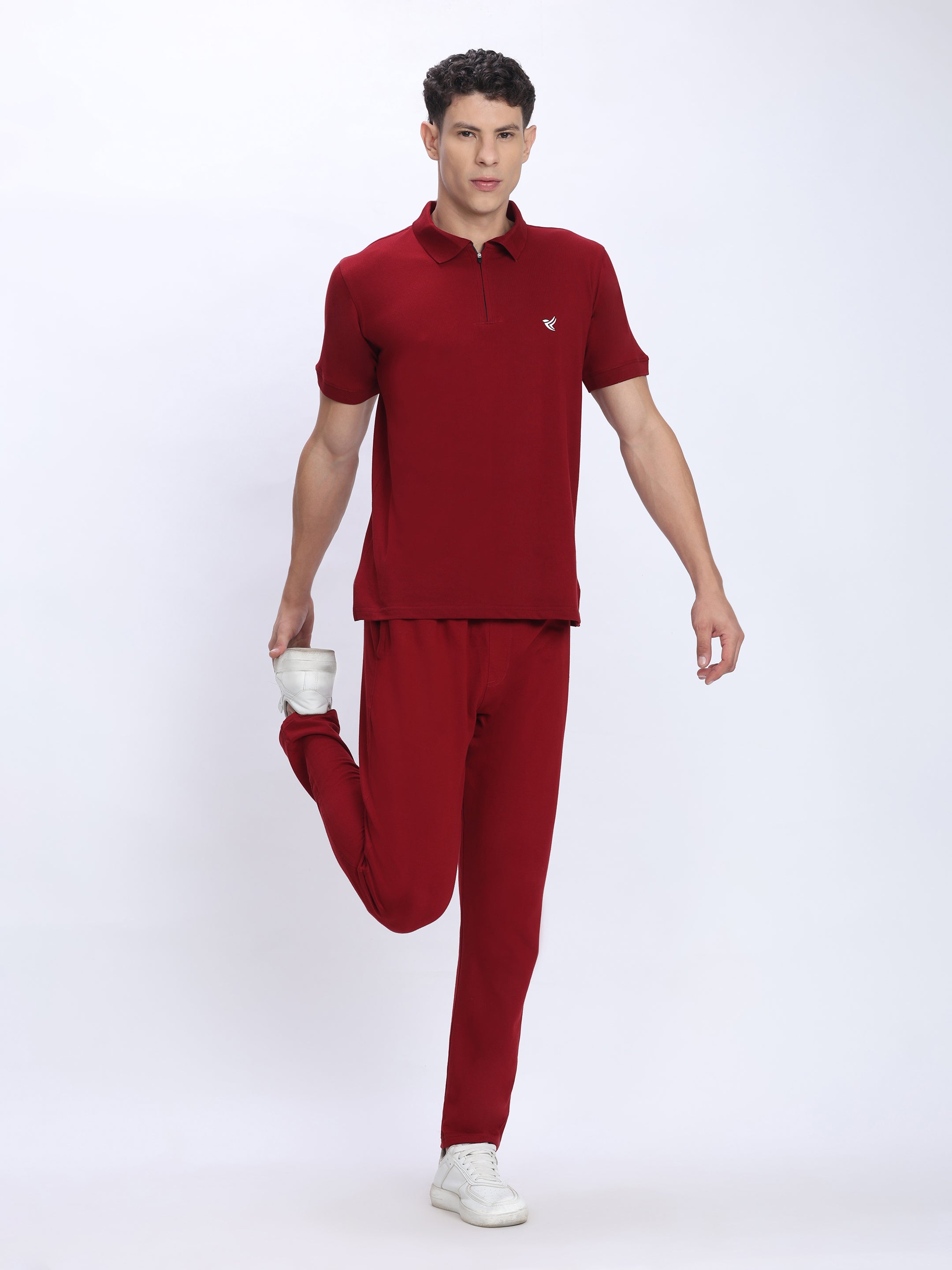 Dpassion Men’s Red Zipper Polo Neck Cotton T-Shirt