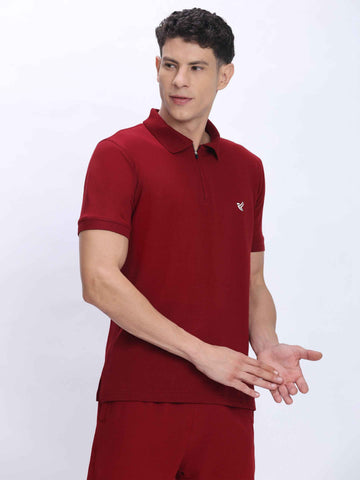 Dpassion Men’s Red Zipper Polo Neck Cotton T-Shirt
