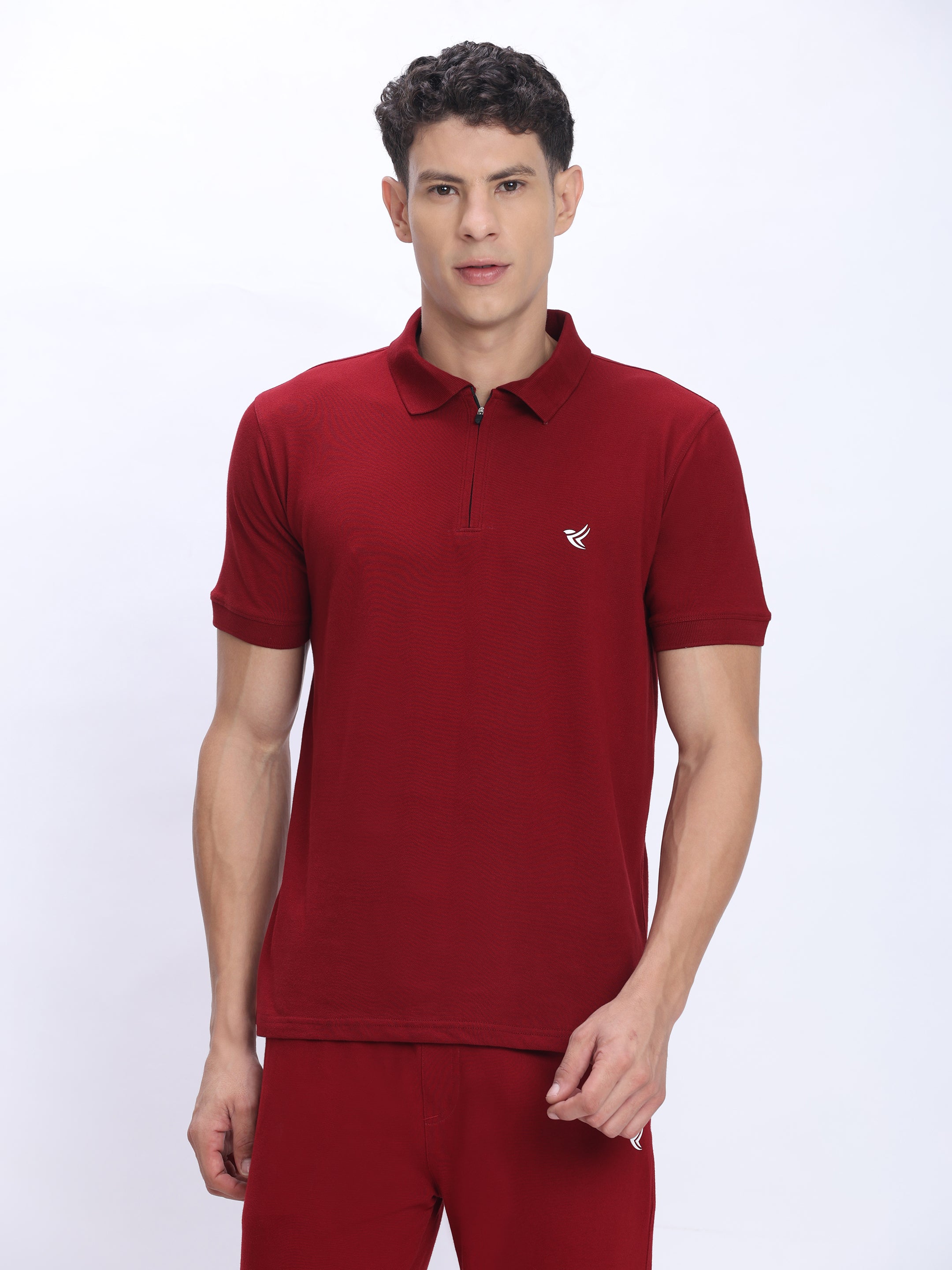 Dpassion Men’s Red Zipper Polo Neck Cotton T-Shirt