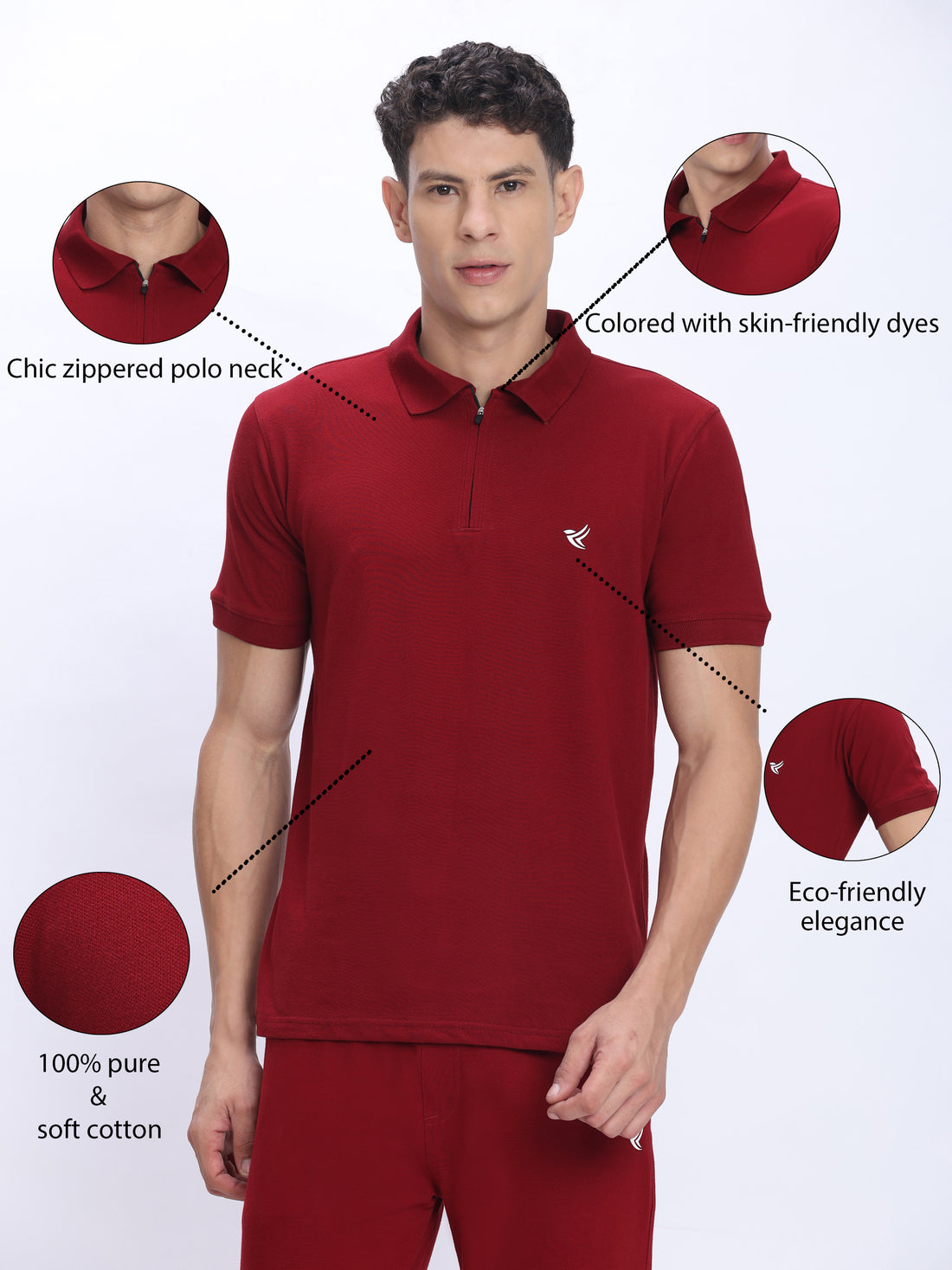 Dpassion Men’s Red Zipper Polo Neck Cotton T-Shirt