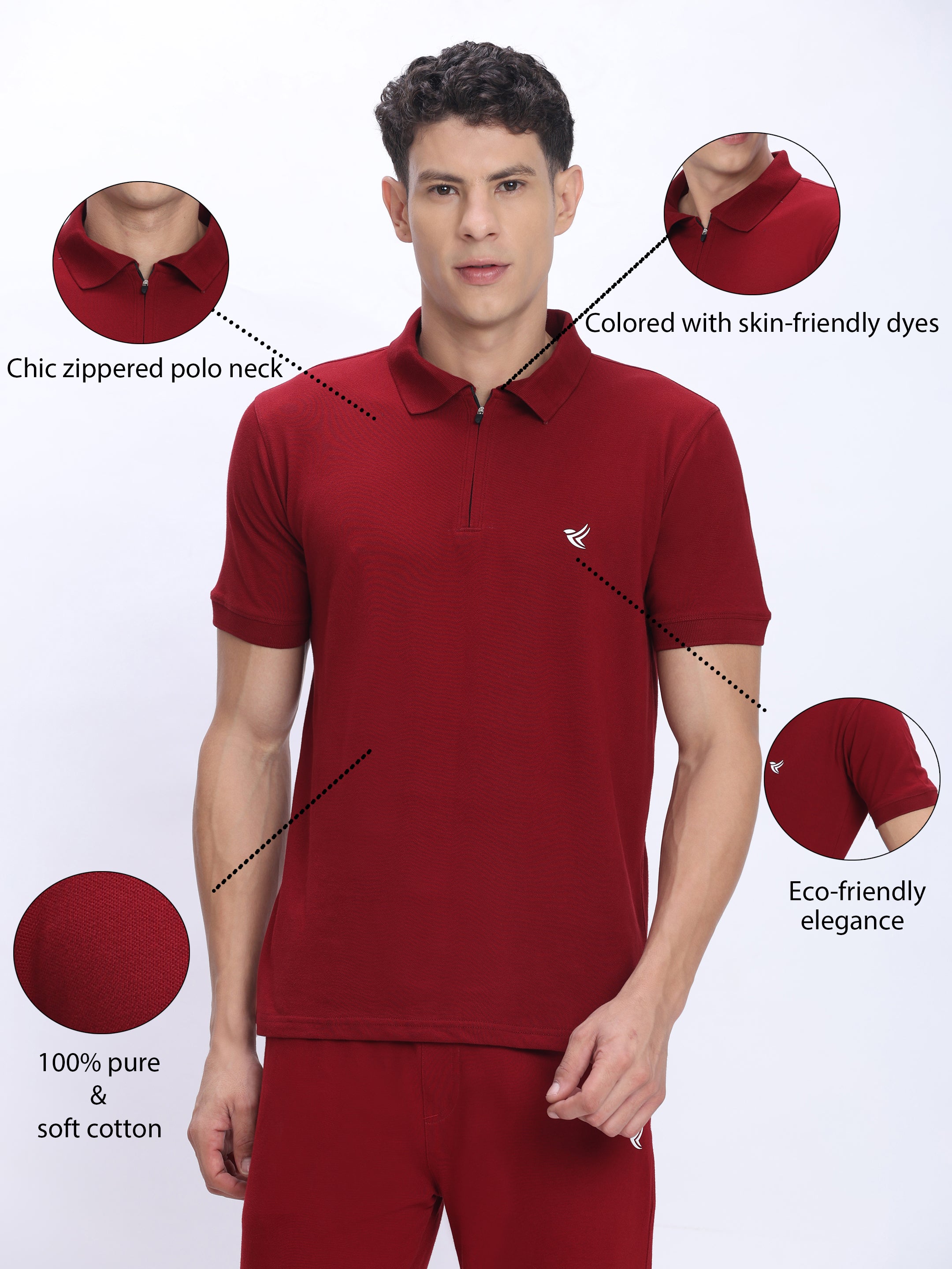 Dpassion Men’s Red Zipper Polo Neck Cotton T-Shirt