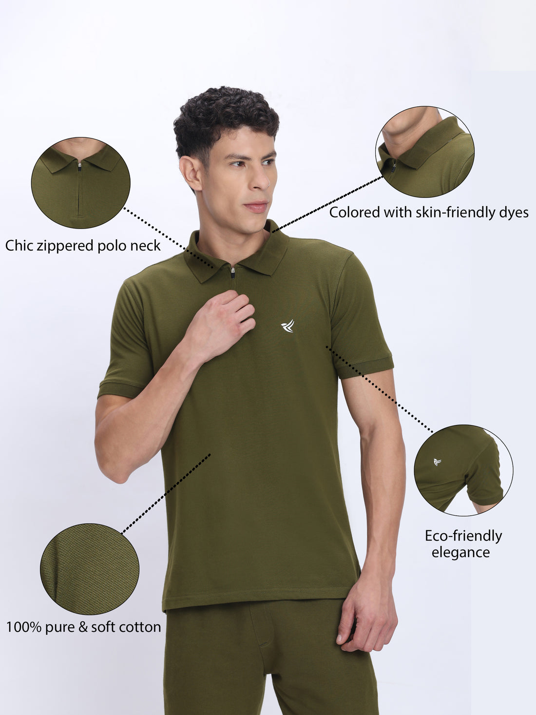 Dpassion Men’s Olive Zipper Polo Neck Cotton T-Shirt
