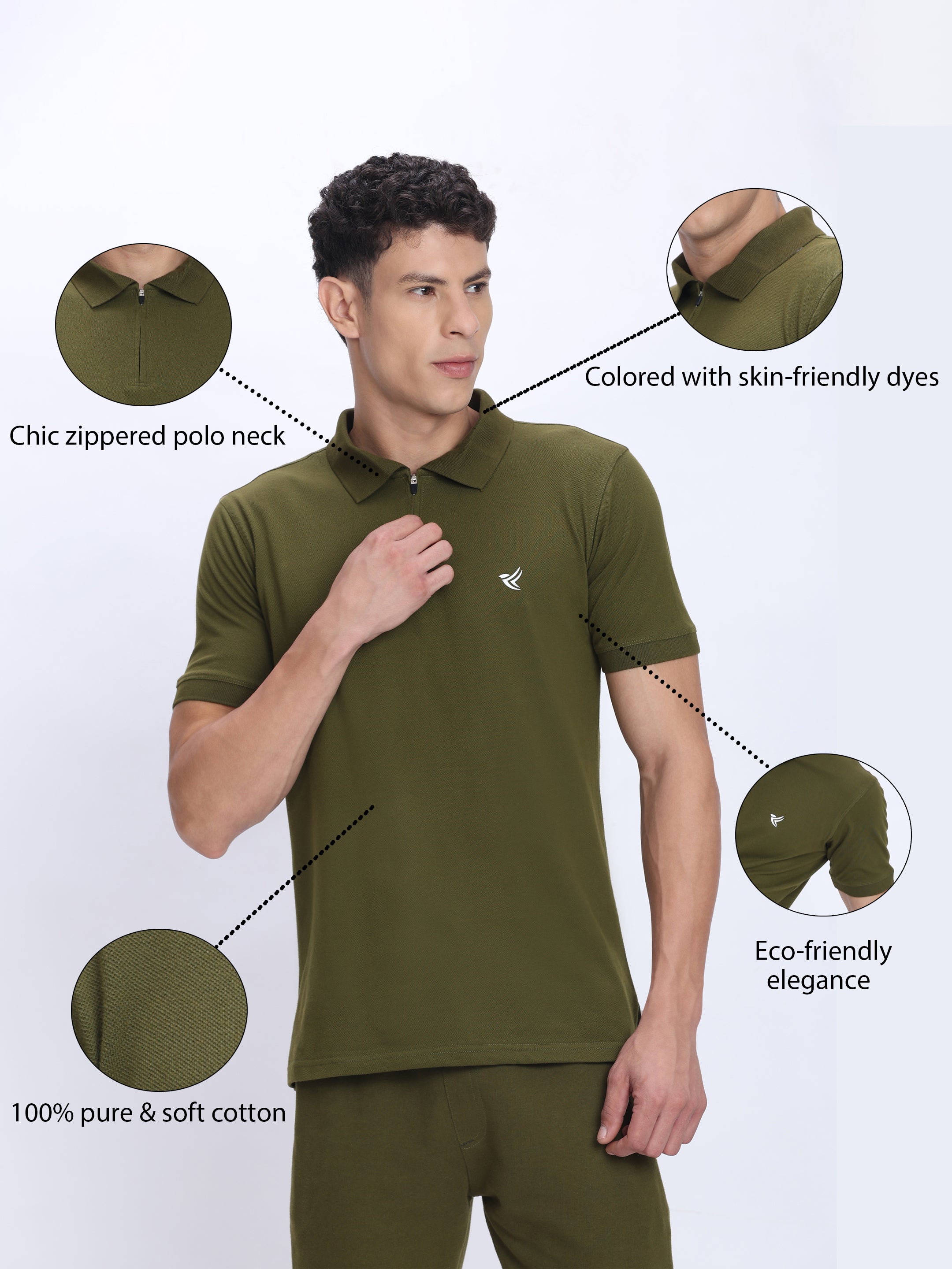 Dpassion Men’s Olive Zipper Polo Neck Cotton T-Shirt
