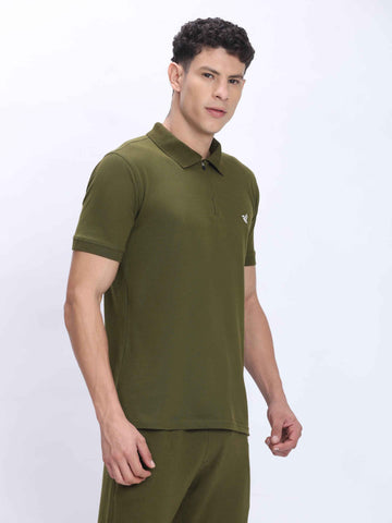 Dpassion Men’s Olive Zipper Polo Neck Cotton T-Shirt