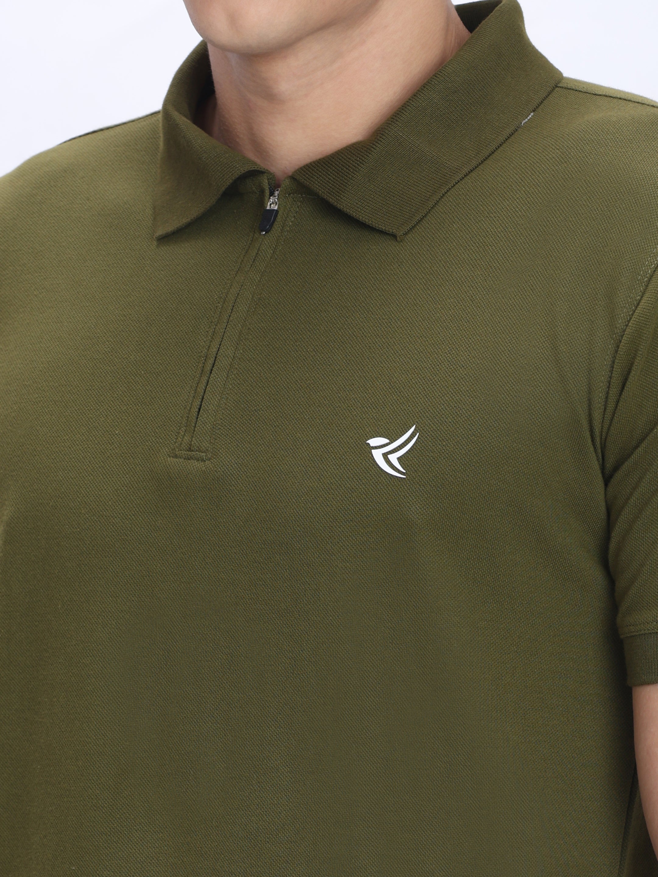 Dpassion Men’s Olive Zipper Polo Neck Cotton T-Shirt