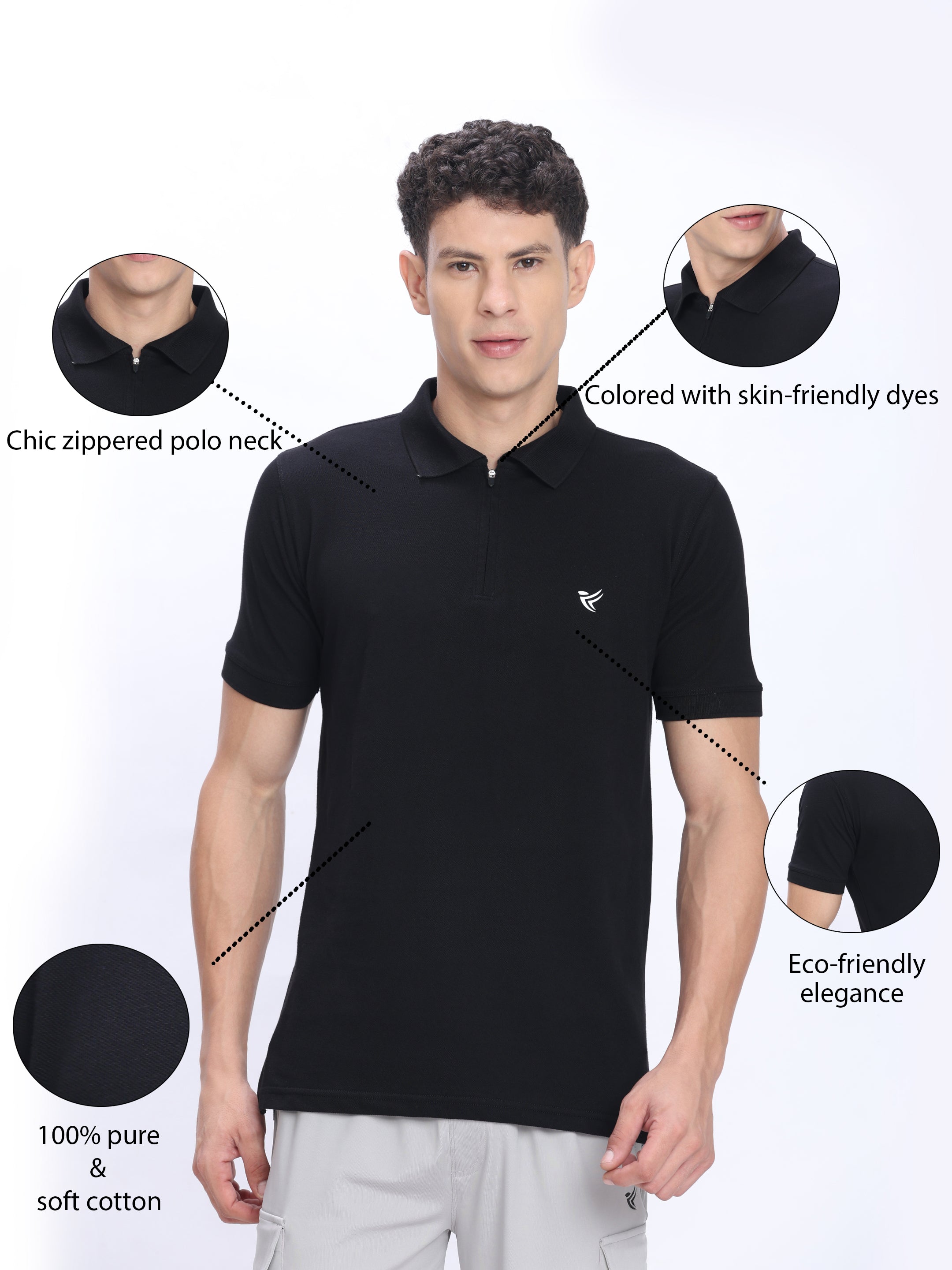 Dpassion Men’s Zipper Polo Neck Cotton T-Shirt Black