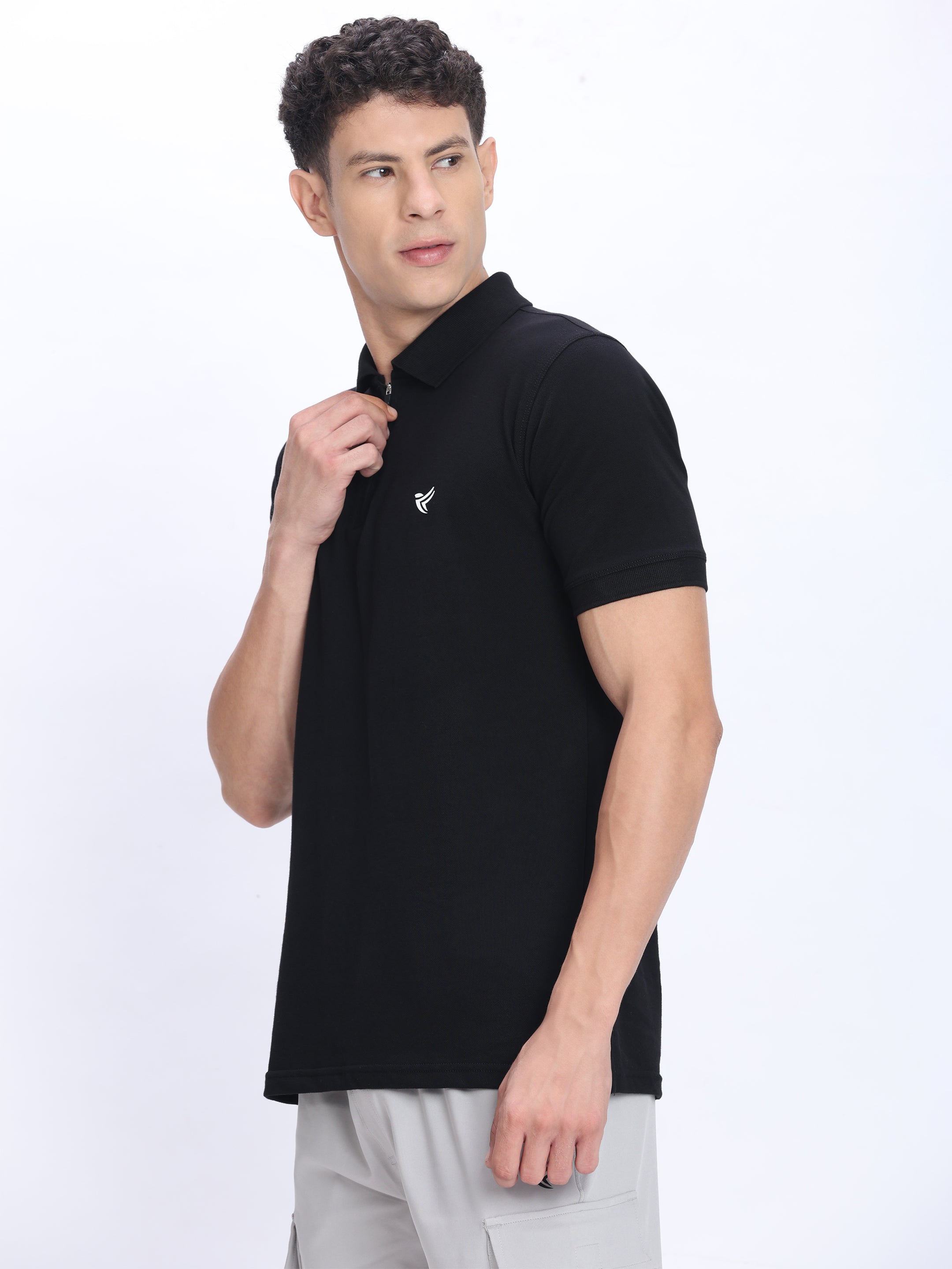 Dpassion Men’s Zipper Polo Neck Cotton T-Shirt Black