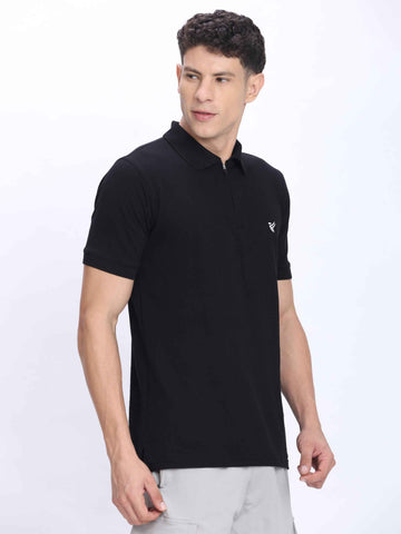 Dpassion Men’s Zipper Polo Neck Cotton T-Shirt Black