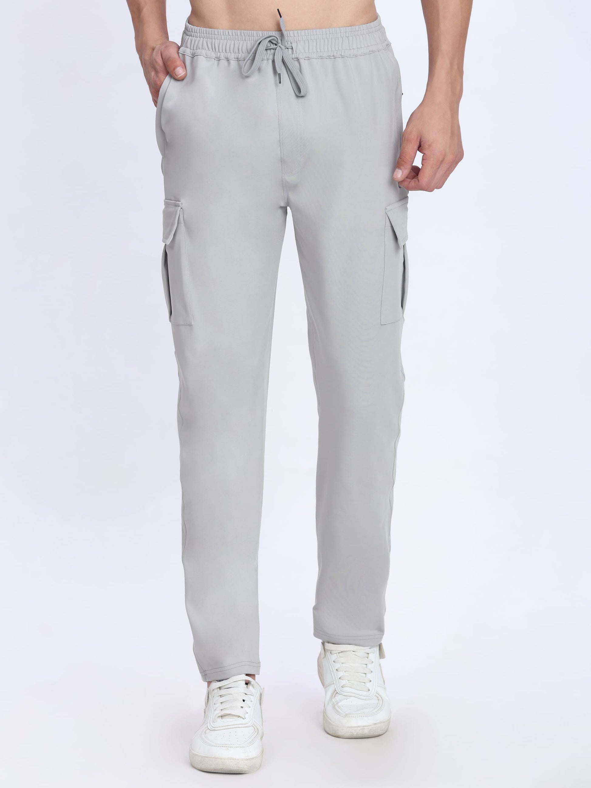Dpassion Men Light Grey Cargo Trackpants | 4-Way Stretch Gym Joggers with Utility Pockets - Dpassion