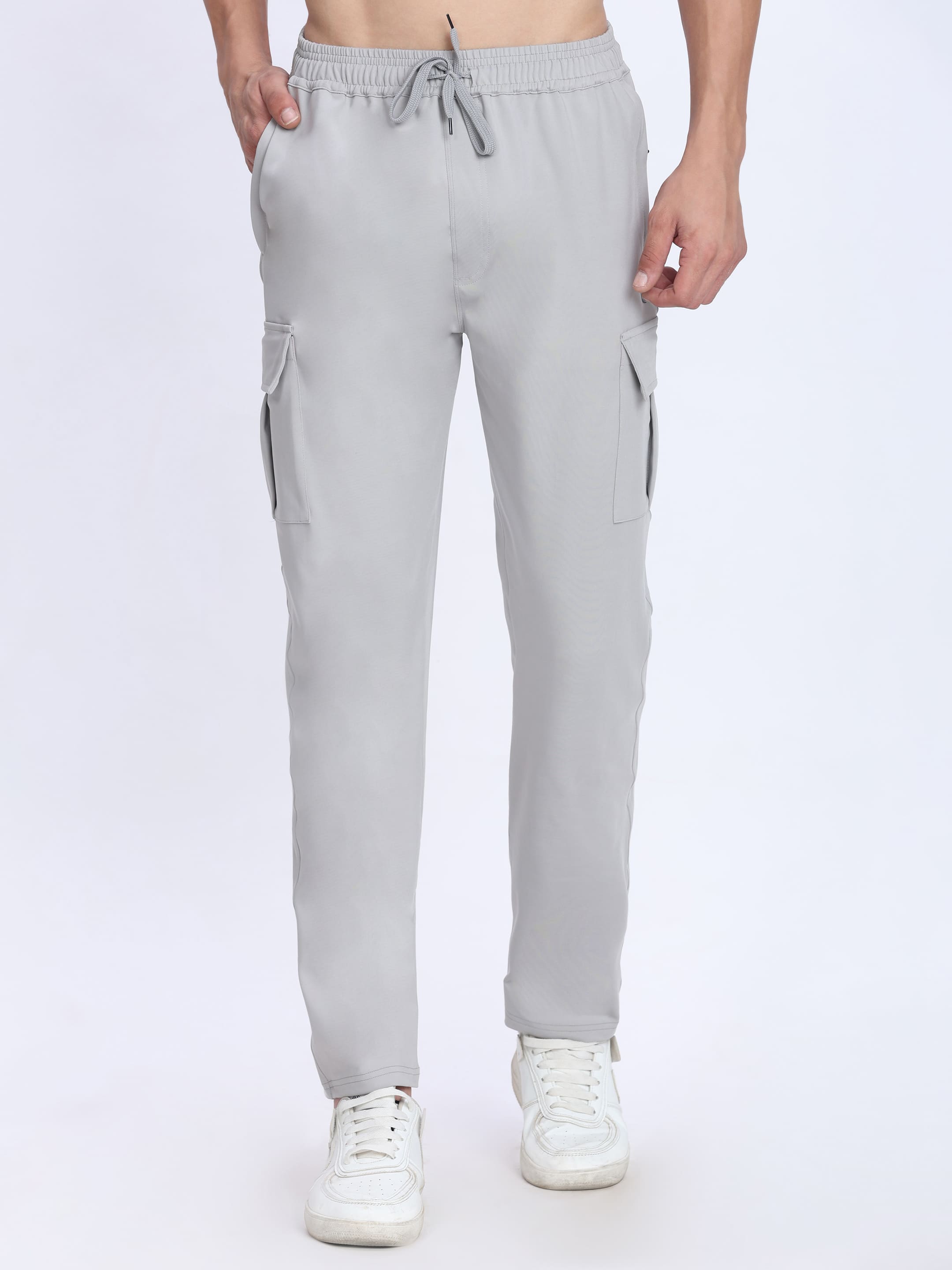 Dpassion Men Light Grey Cargo Trackpants | 4-Way Stretch Gym Joggers with Utility Pockets - Dpassion