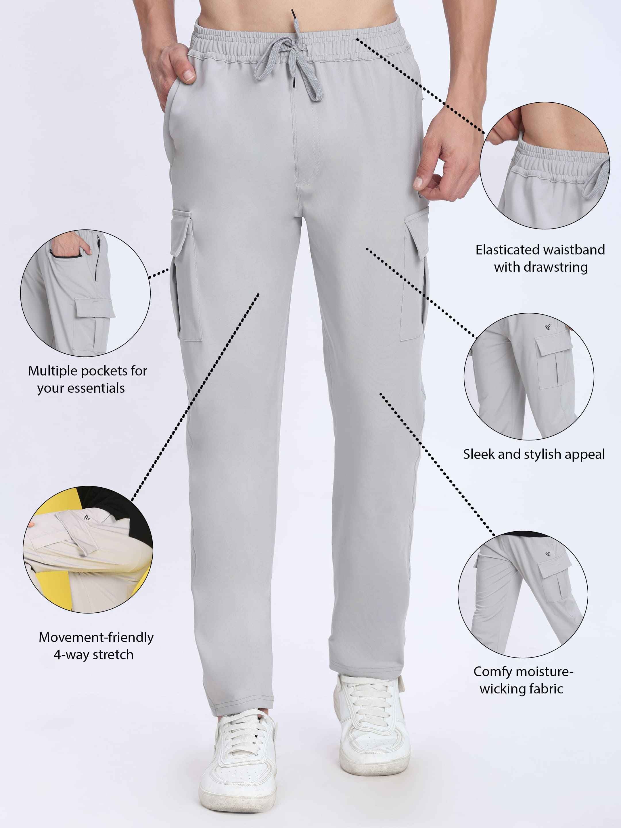 Dpassion Men Light Grey Cargo Trackpants | 4-Way Stretch Gym Joggers with Utility Pockets