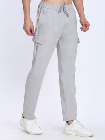 Dpassion Men Light Grey Cargo Trackpants | 4-Way Stretch Gym Joggers with Utility Pockets - Dpassion