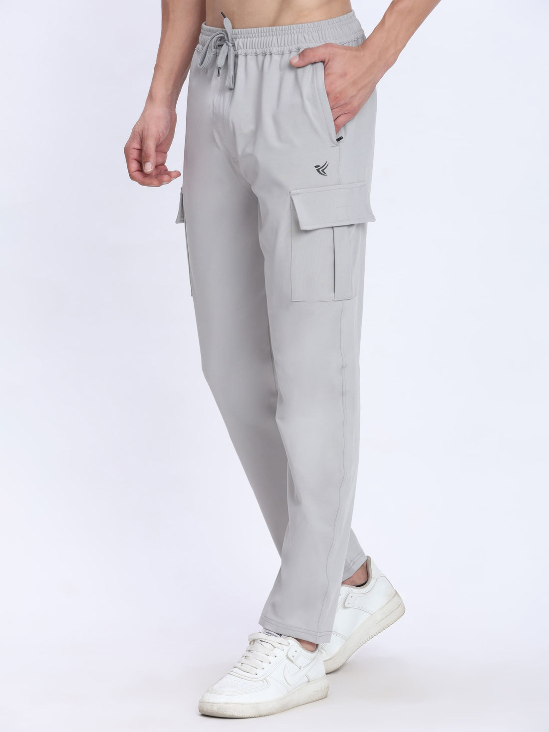Dpassion Men Light Grey Cargo Trackpants | 4-Way Stretch Gym Joggers with Utility Pockets
