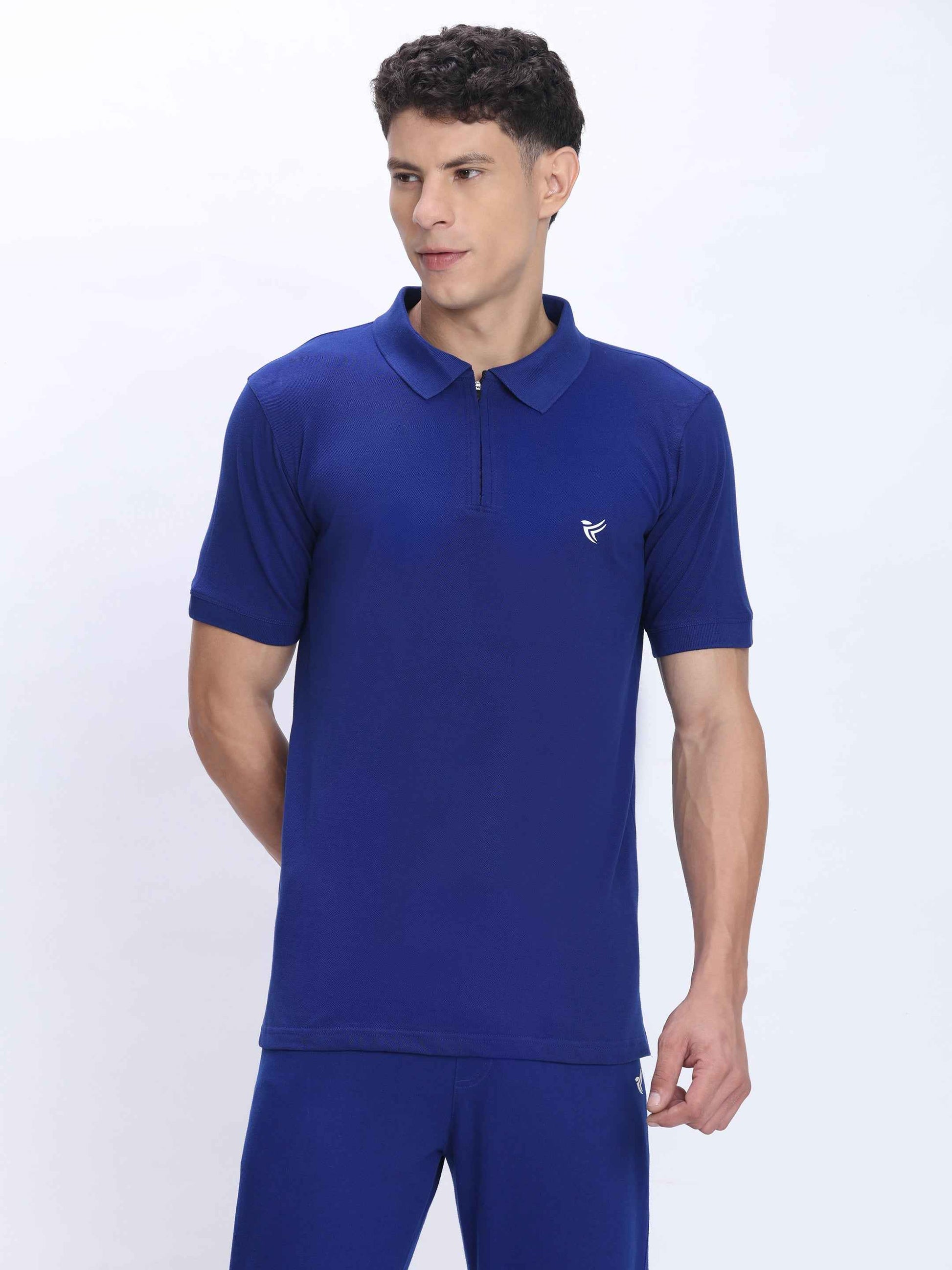 Dpassion Men’s Blue Zipper Polo Neck Cotton T-Shirt