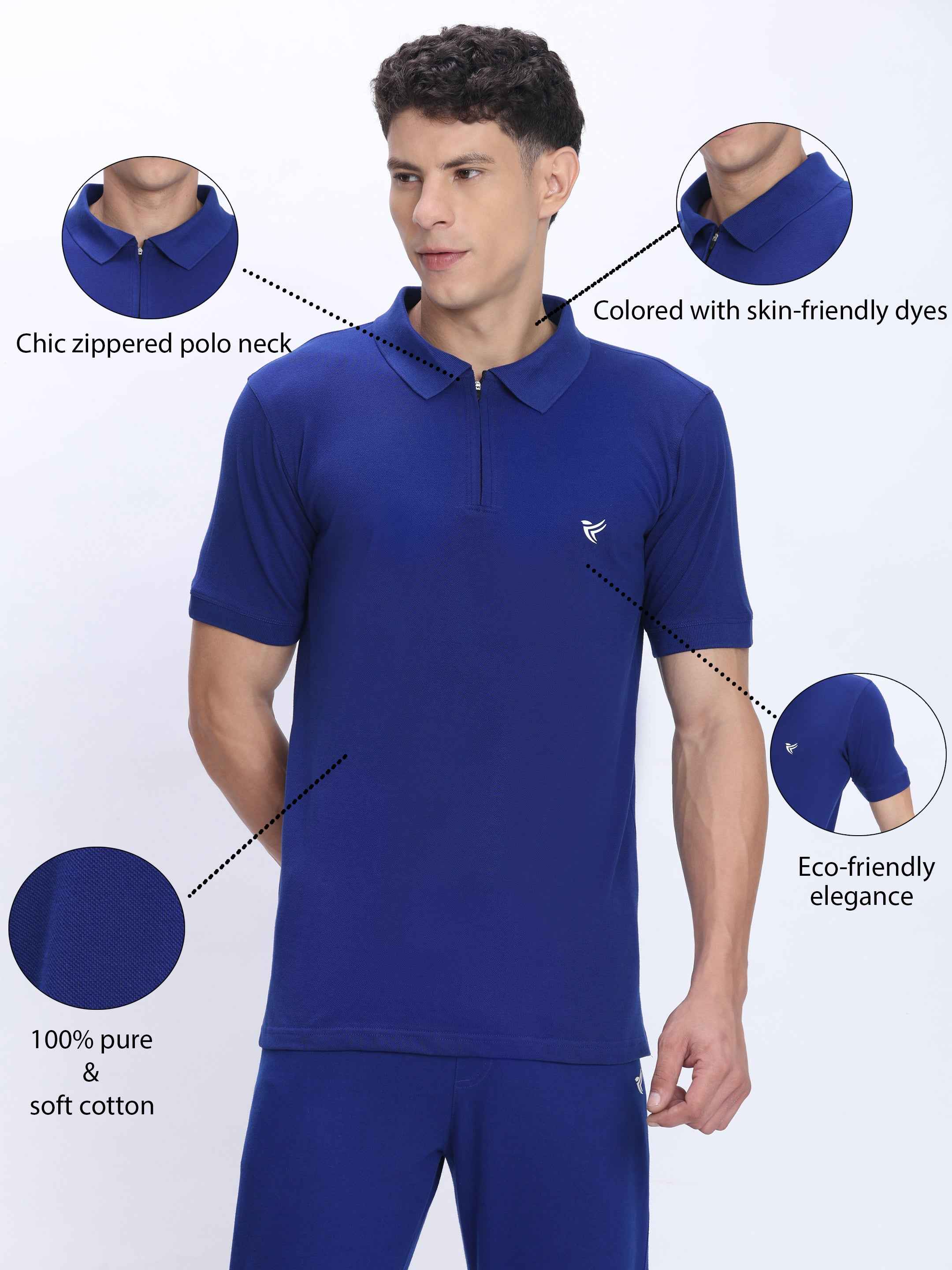 Dpassion Men’s Blue Zipper Polo Neck Cotton T-Shirt
