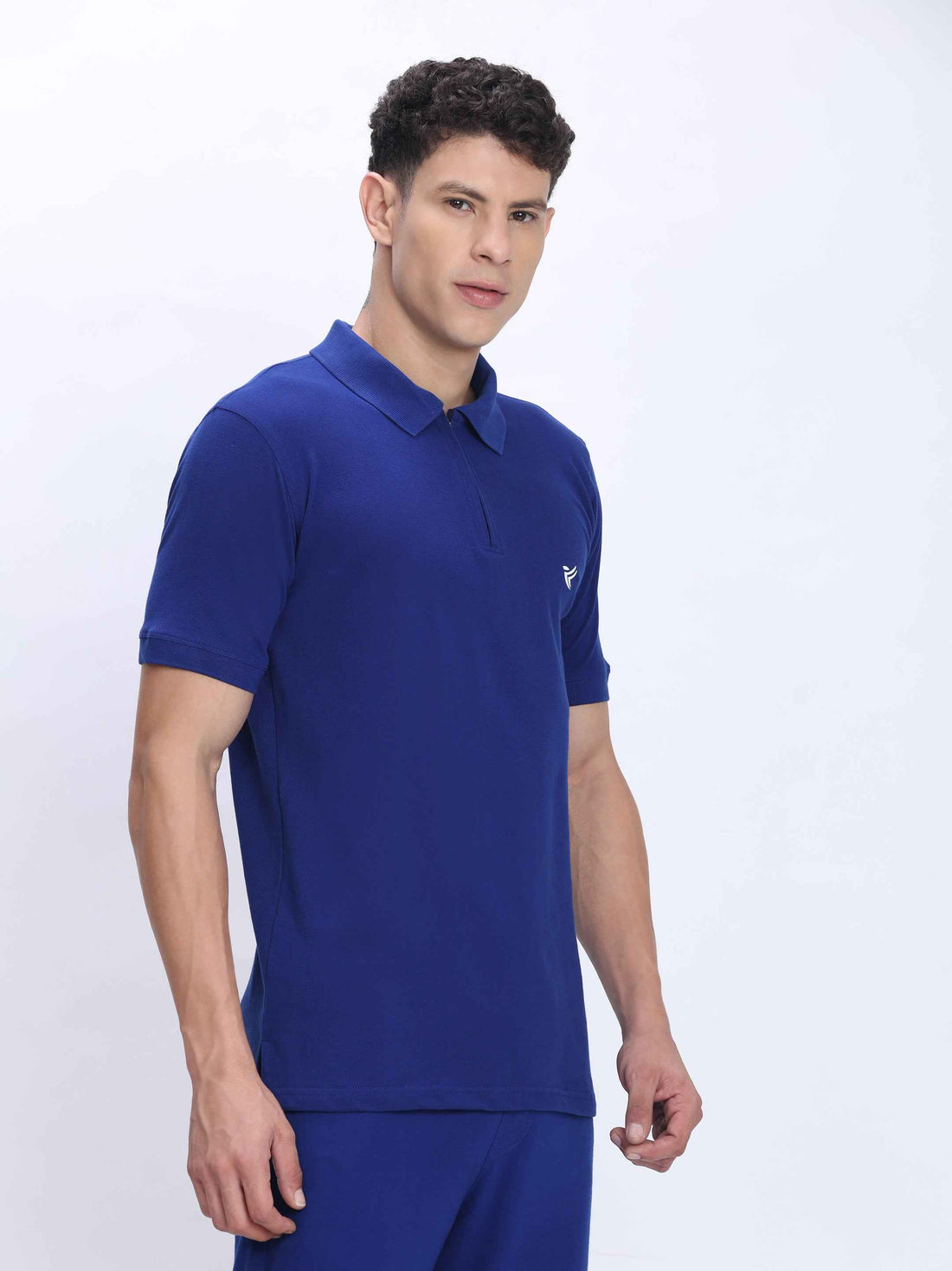 Dpassion Men’s Blue Zipper Polo Neck Cotton T-Shirt