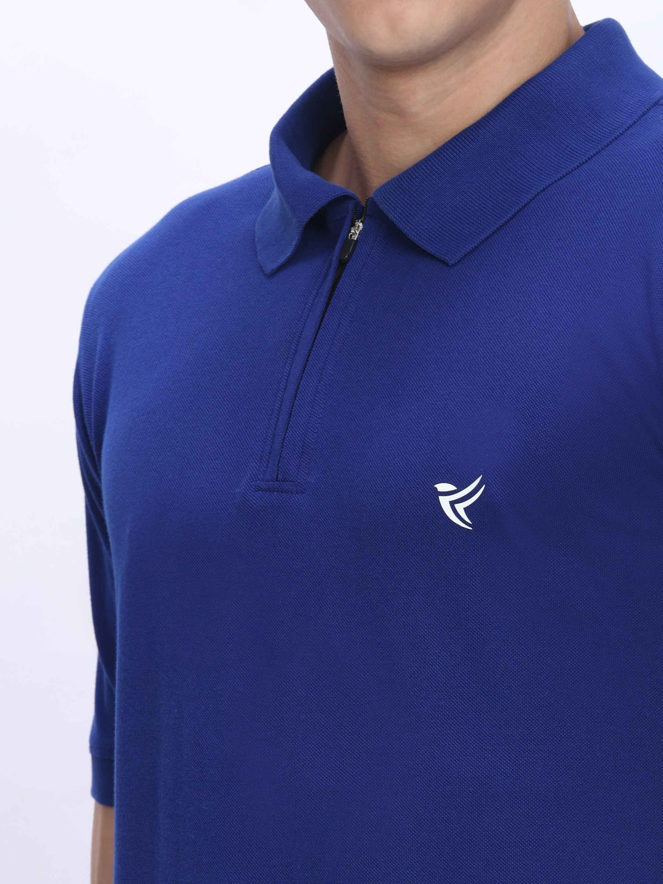 Dpassion Men’s Blue Zipper Polo Neck Cotton T-Shirt