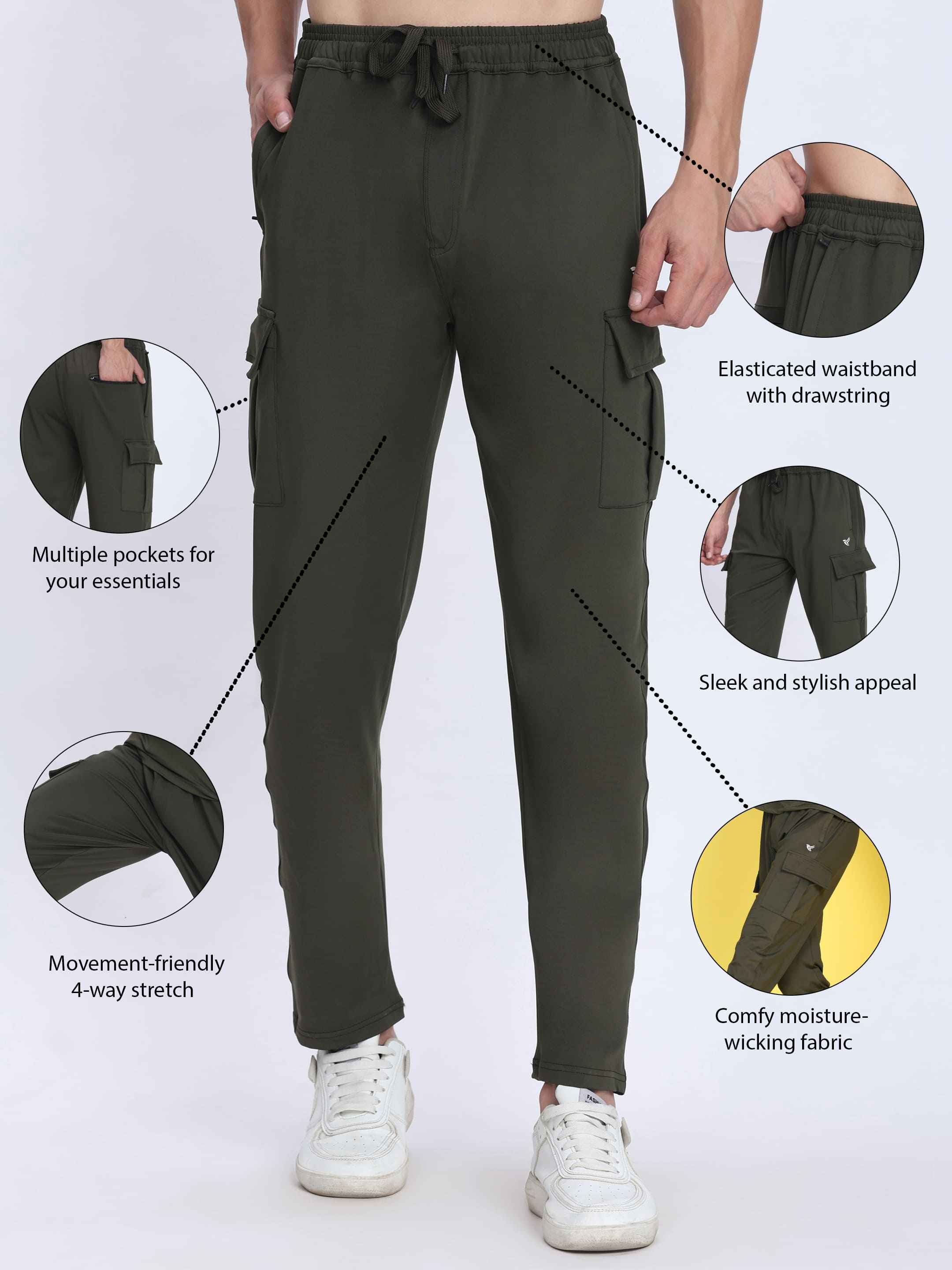 Dpassion Men Olive Cargo Trackpants 4-Way Stretch Gym Activewear