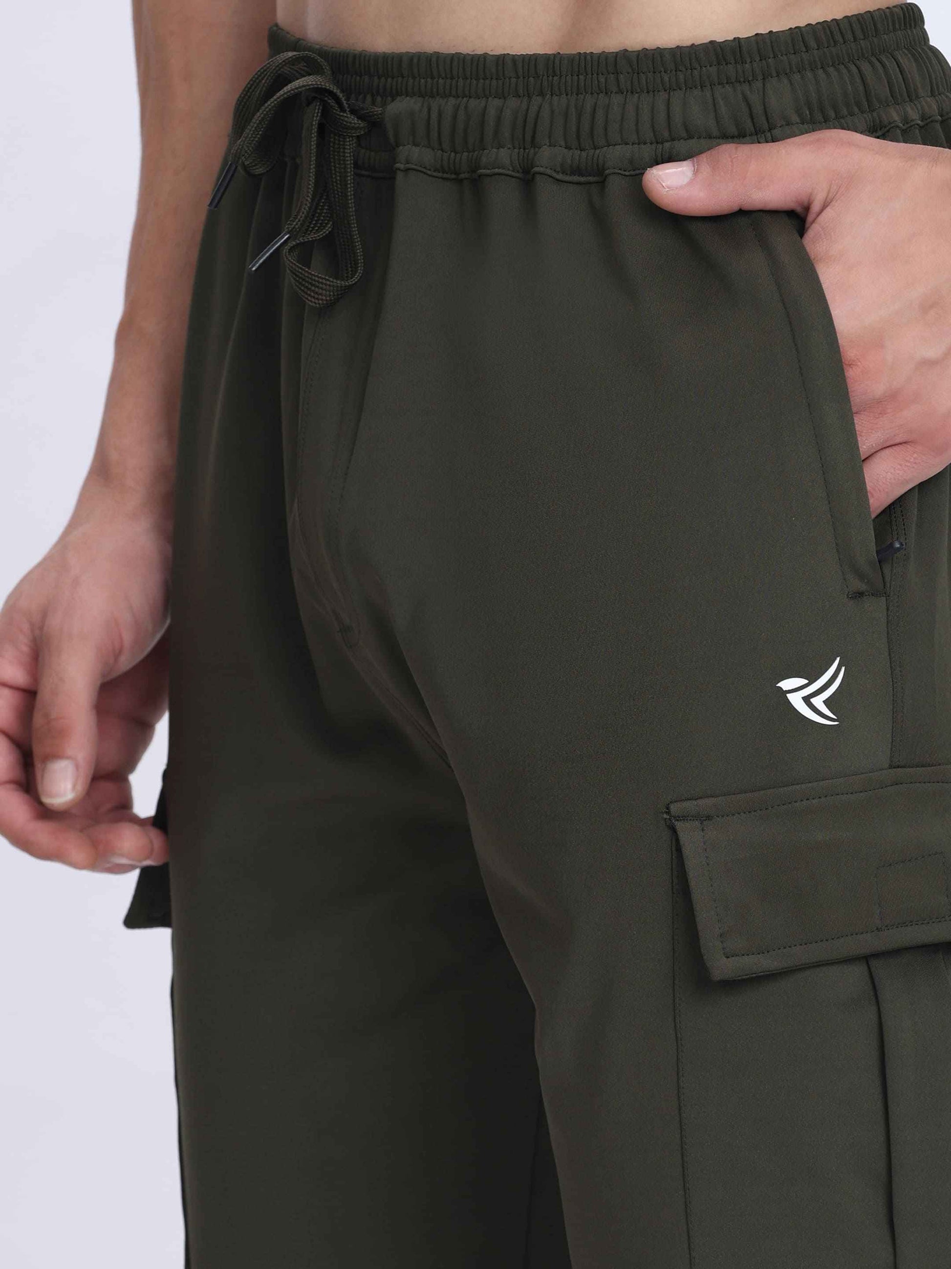 Dpassion Men Olive Cargo Trackpants 4-Way Stretch Gym Activewear