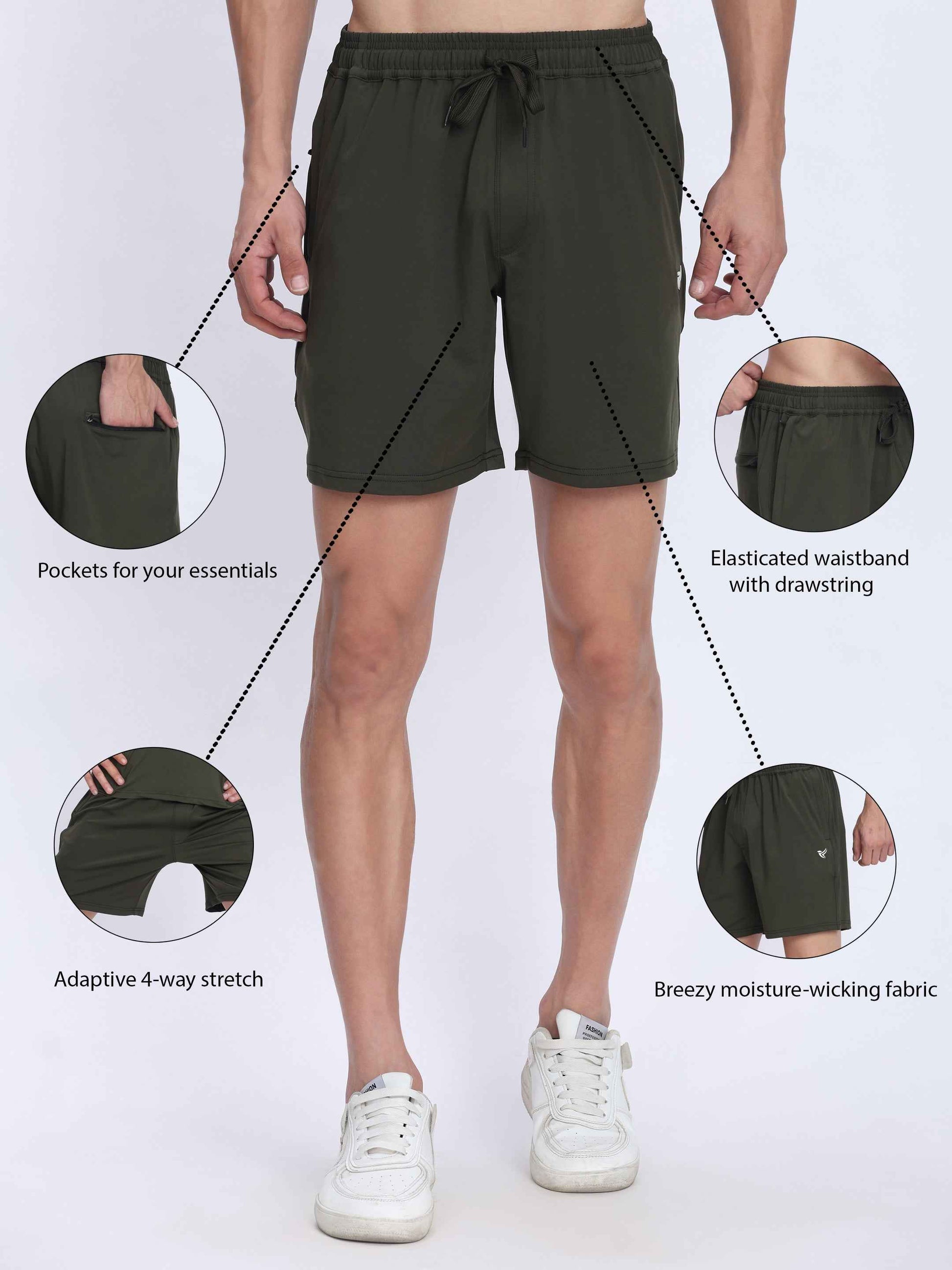 Dpassion Olive Performance Training Shorts for Men Gym and Activewear