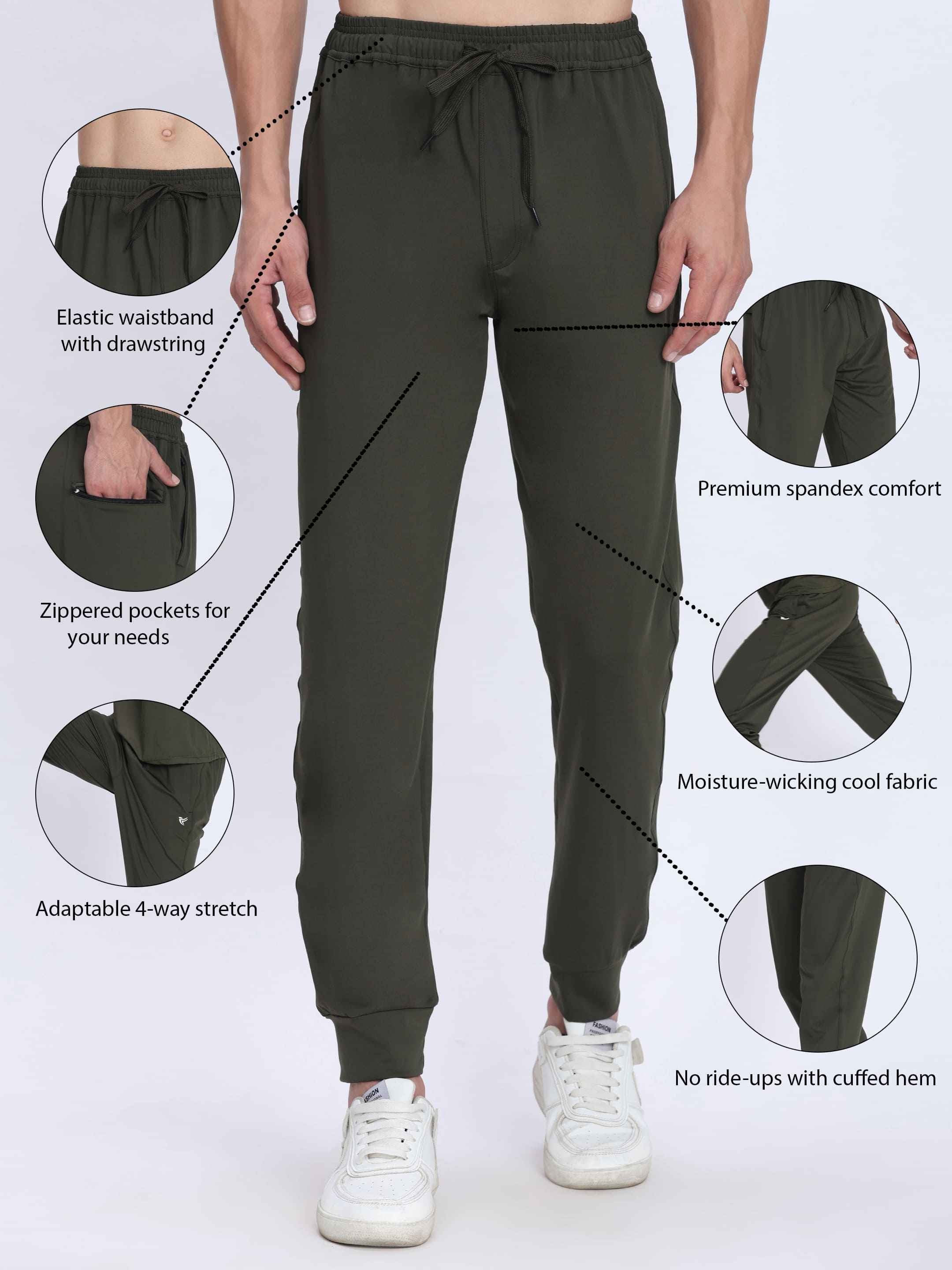 Dpassion Men Olive Green Gym Trackpants | 4-Way Stretch Training Joggers with Zip Pockets