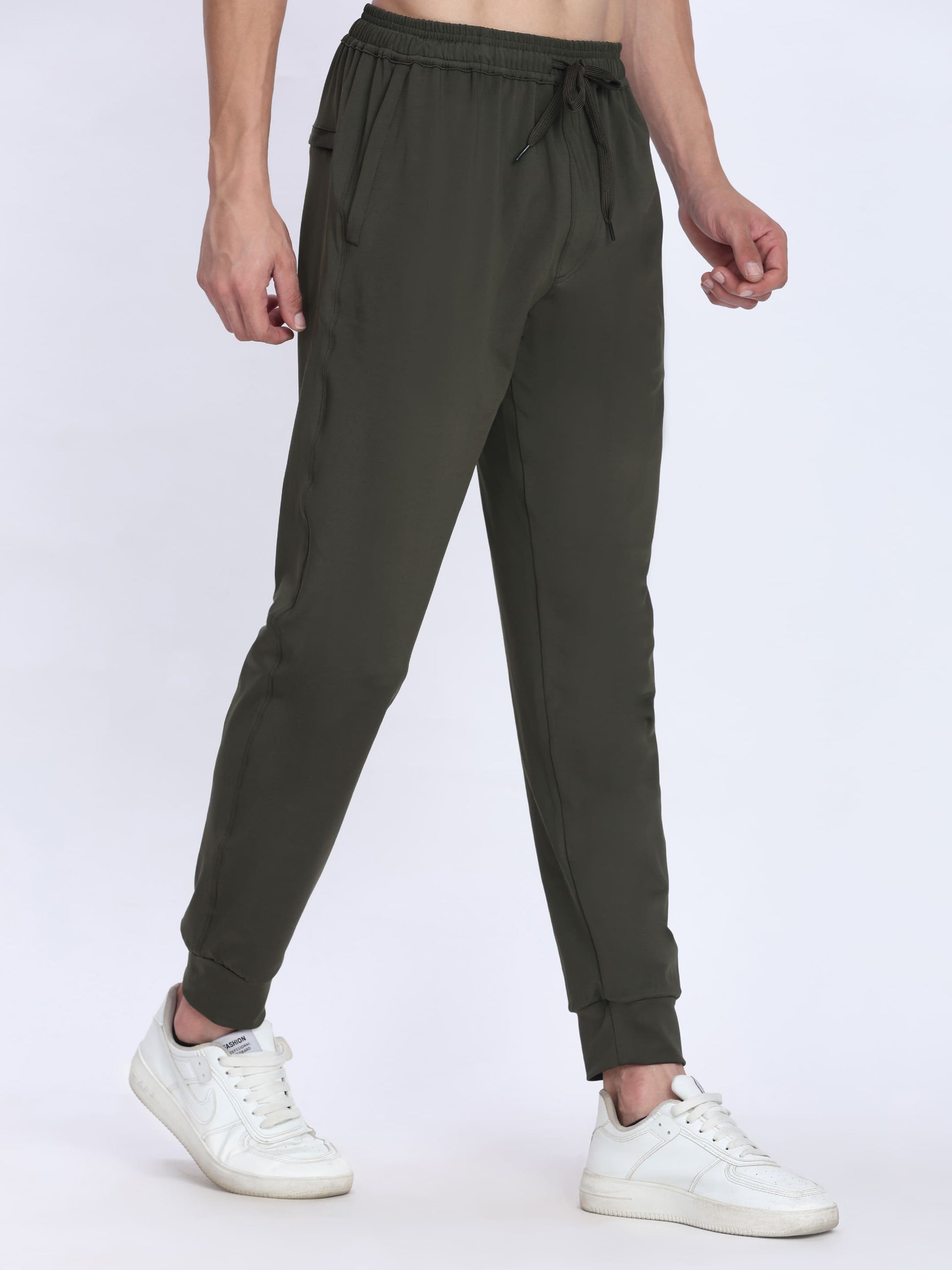 Dpassion Men Olive Green Gym Trackpants | 4-Way Stretch Training Joggers with Zip Pockets - Dpassion